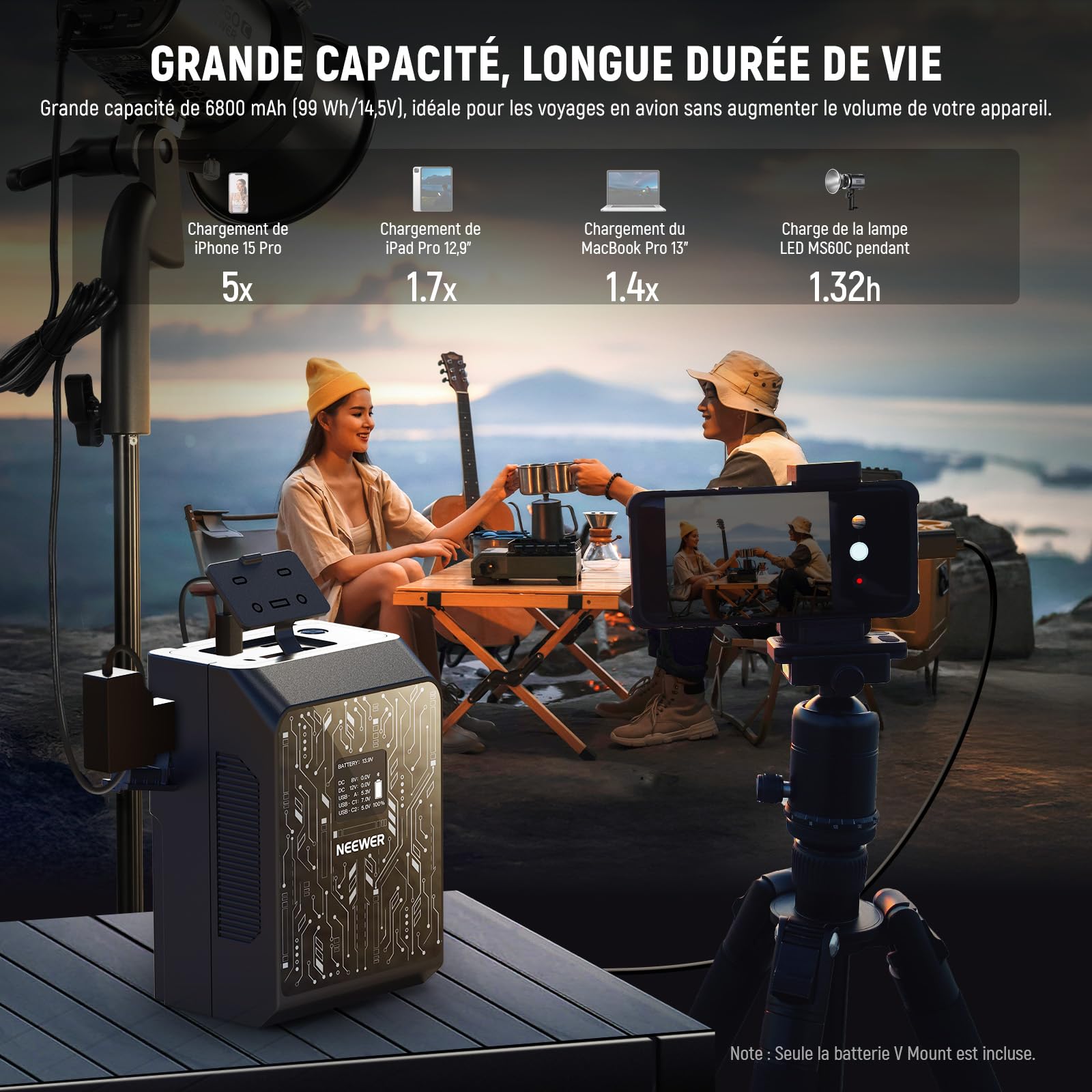 NEEWER Batterie Mini V Mount,Contrôle App,6800mAh,99Wh,100W,PD,Charge Rapide,avec écran OLED & Chiffon Nettoyage,Alimentation de Secour Compatible avec BMPCC 4K & 6K,Caméra,Moniteur,Lampe Vidéo,PS099S