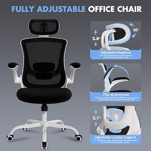 Miniatura 6 de Silla de oficina de respaldo alto con soporte lumbar ajustable y reposacabezas, silla de escritorio ergonómica de malla con reposabrazos abatibles,