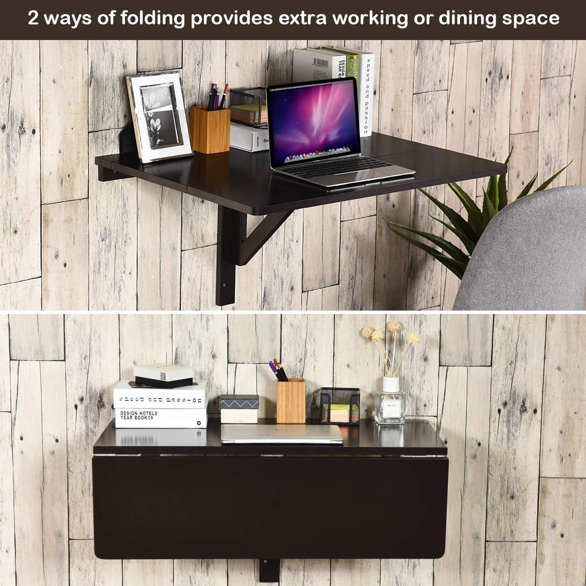 Tangkula 31.5" x 23.5" Wall Mounted Table, Folding Wall Mounted Desk Drop-Leaf Table, Space Saving Fold Down Floating Desk for Study, Bedroom, Bathroom or Balcony (Brown)
