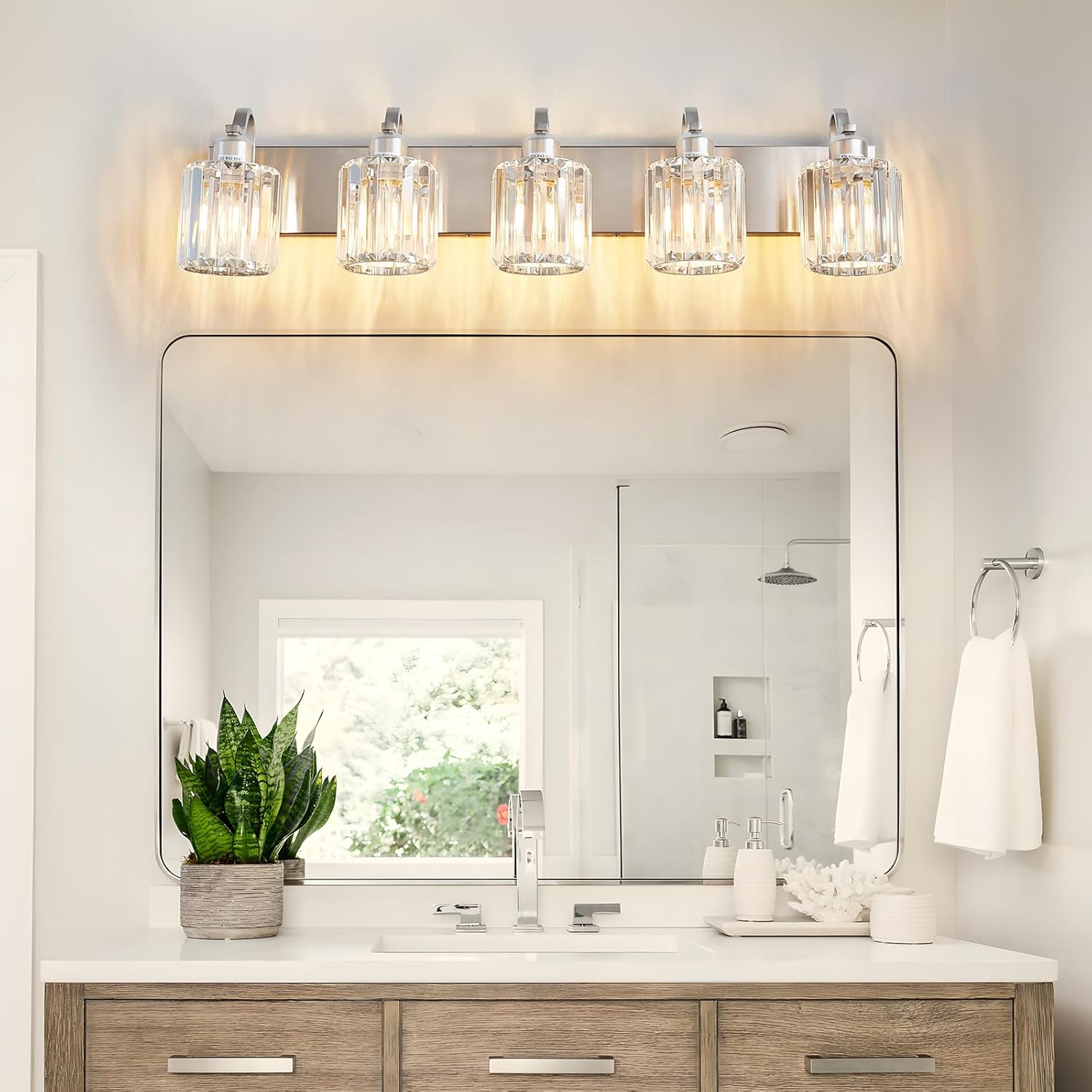 Modern Crystal Bathroom Vanity Light 5 Light Brushed Nickel Vanity Lighting Over Mirror Bathroom Wall Lighting Fixtures with Round Shade (Exclude Bulb)