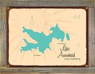 Lake Arrowhead California Retro Steel Metal, with Oxidized Border and Mounted on Real Reclaimed Barn Wood, Wall Art Map Poster 9" x 12". Distinctive Wall Decoration for Home, Cabin, or Office