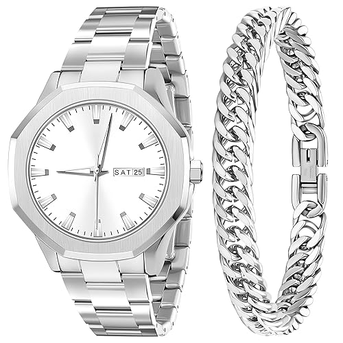2 Pieces Men Watch Bracelet Set Fashion Costume Jewelry Stainless
