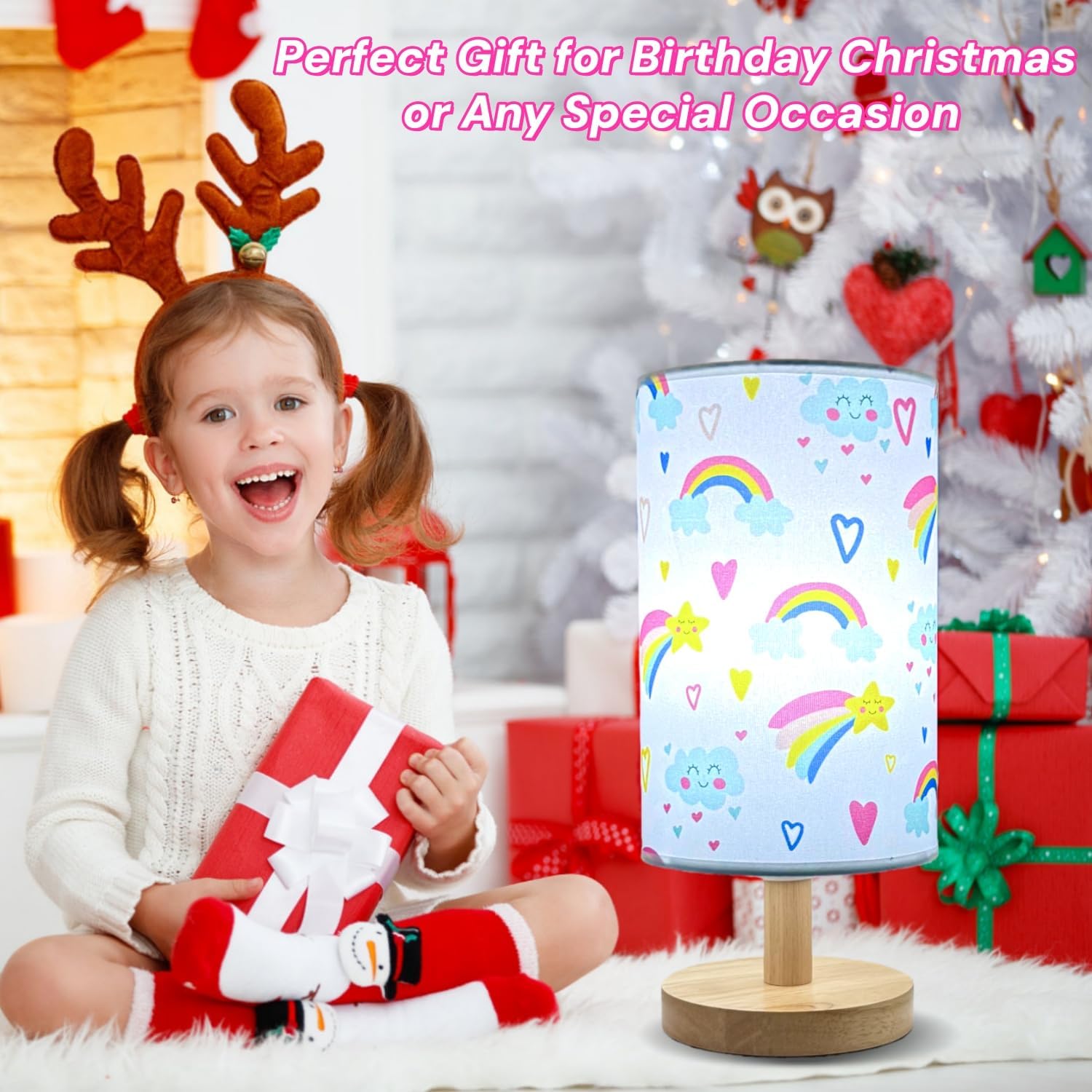 Rainbow Lamp for Girls Bedroom,Gifts for Girls-3 Color Modes Nightstand Night Light Lamp,Wood Base Flaxen Fabric Shade Desk Reading Lamp for Bedroom Living Room Office Christmas Gifts for Girl