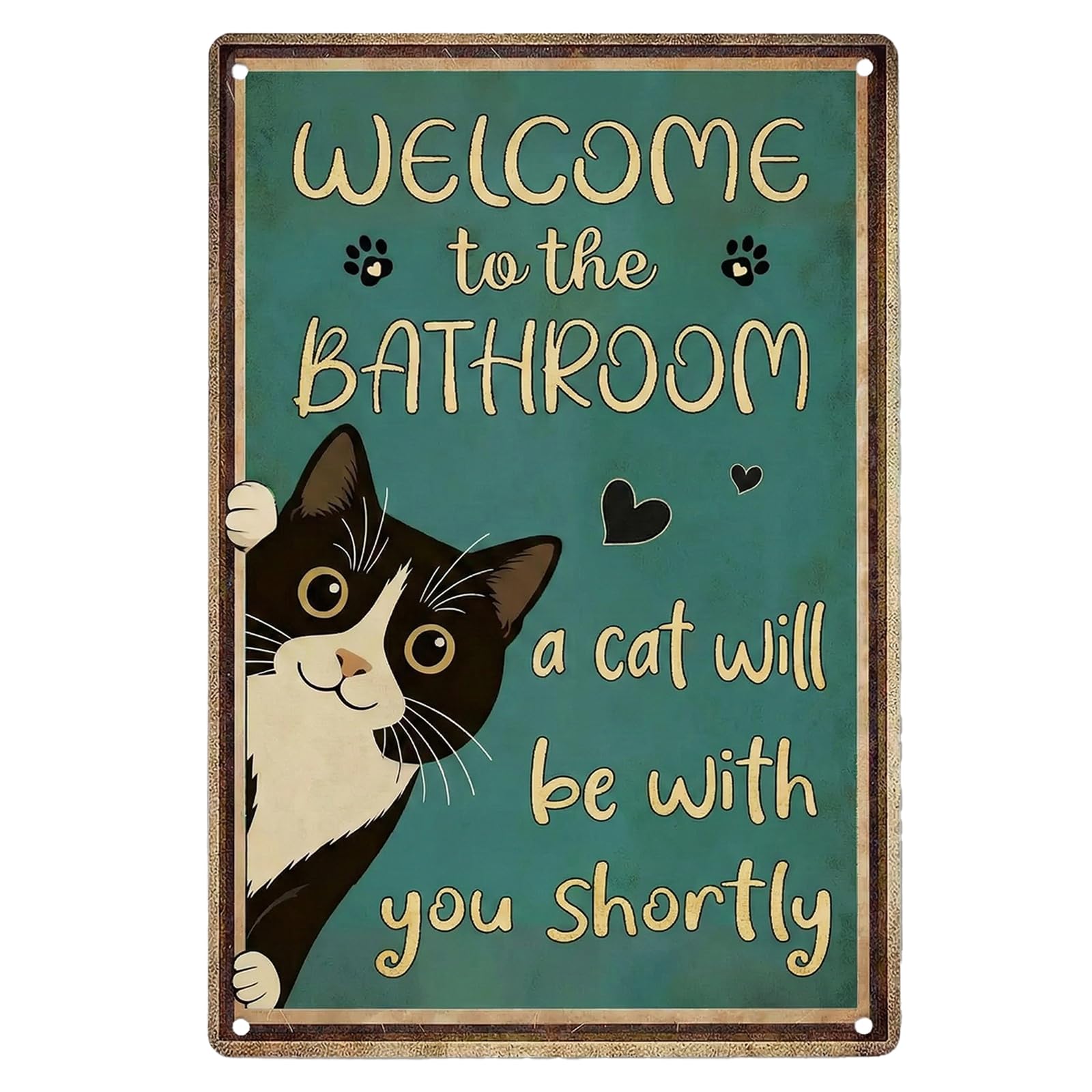 Funny Cat Metal Wall Sign 8x12 Inch, "Welcome to The Bathroom" Vintage Aluminum Plaque, Cat Lover Wall Decor for Bathroom