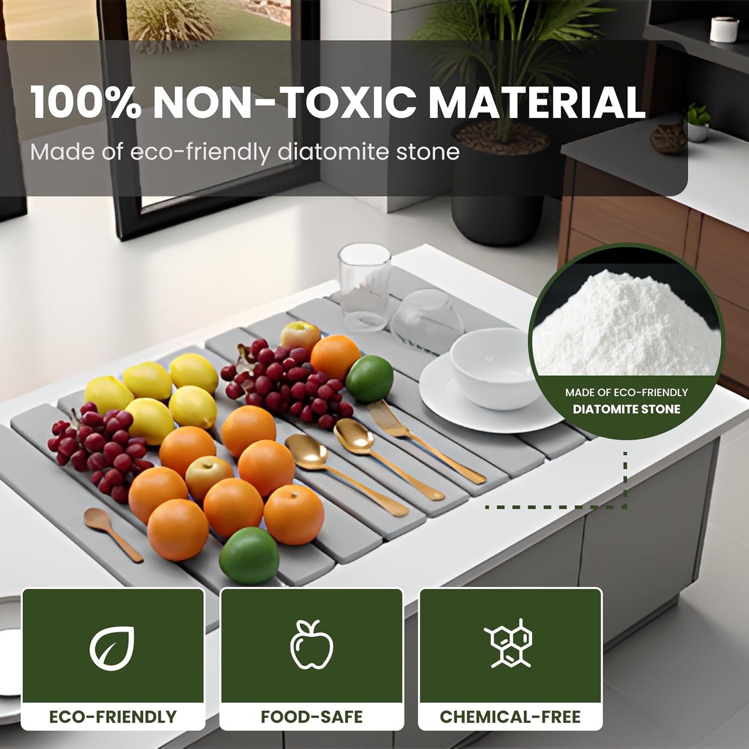 Large Stone Drying Mat for Kitchen Counter (24" x 16") - Collapsible Quick-Dry Diatomite Dish Drying Mat, Non-Slip, Gray