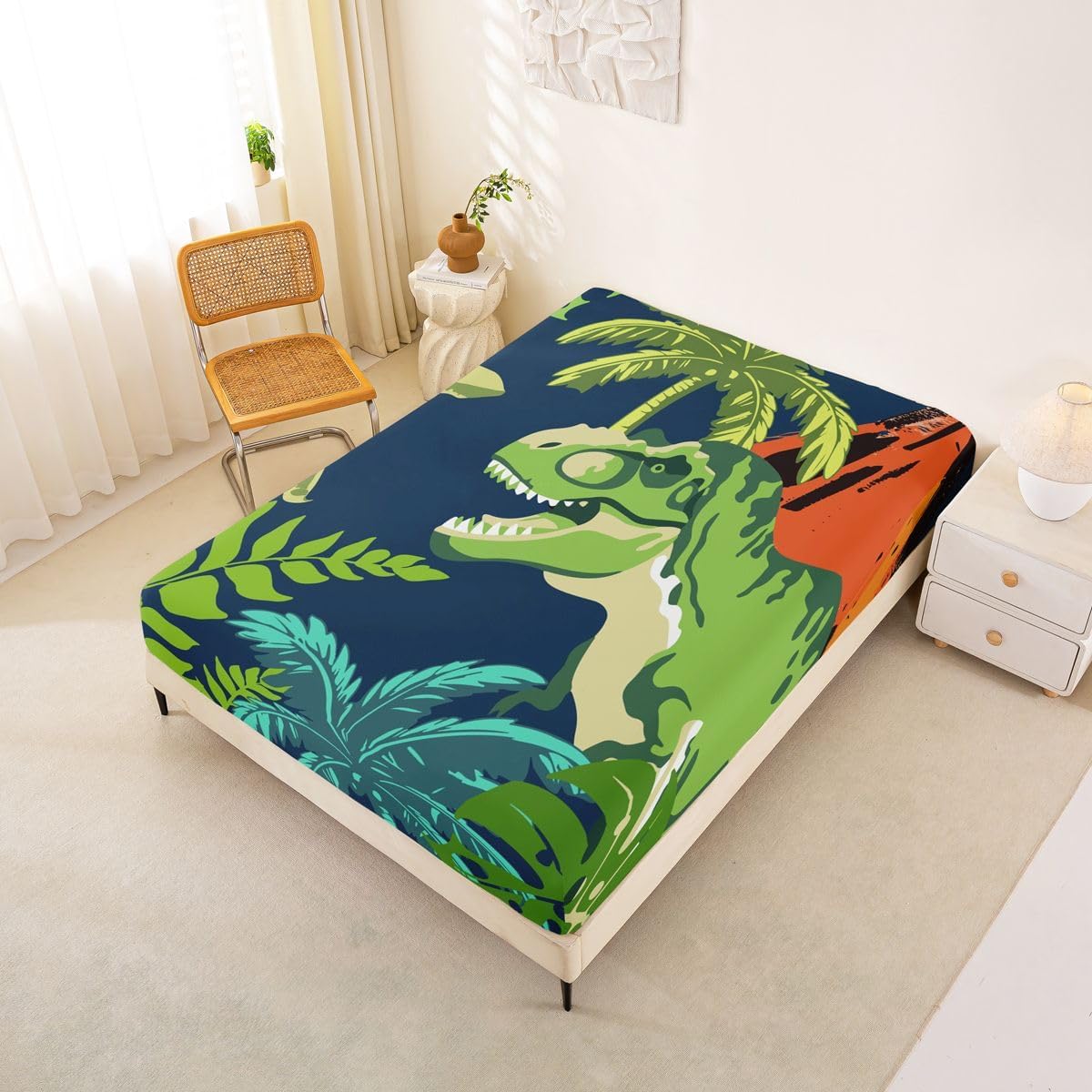 Erosebridal Cartoon Dinosaur Bed Sheets Full Dino Palm Tree Sheet Set, 3D Ancient Animals Soft Lightweight Bedding Set, Mountain Tropical Botanical Fitted Sheet with Deep Pocket