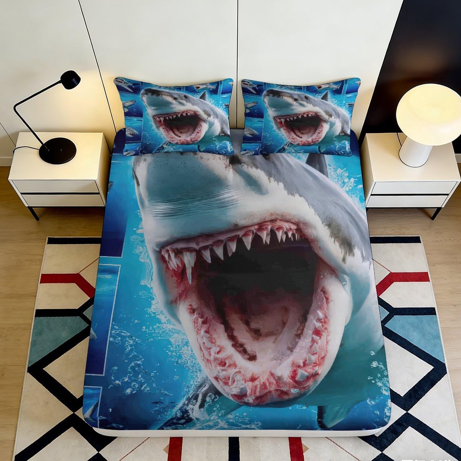 3D Printed Shark Attack Fitted Sheet Microfiber Soft Blue Ocean Predator Mattress Cover for Bedroom Dorm Bed Protection Decor 120x200x25cm