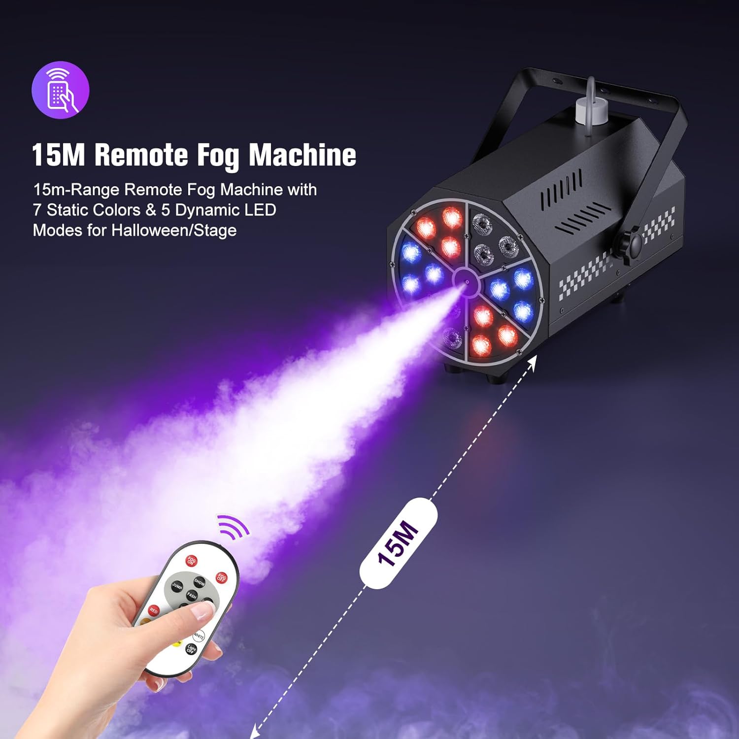 Demonstration of 7 static color modes and fog diffusion with different colored lights.