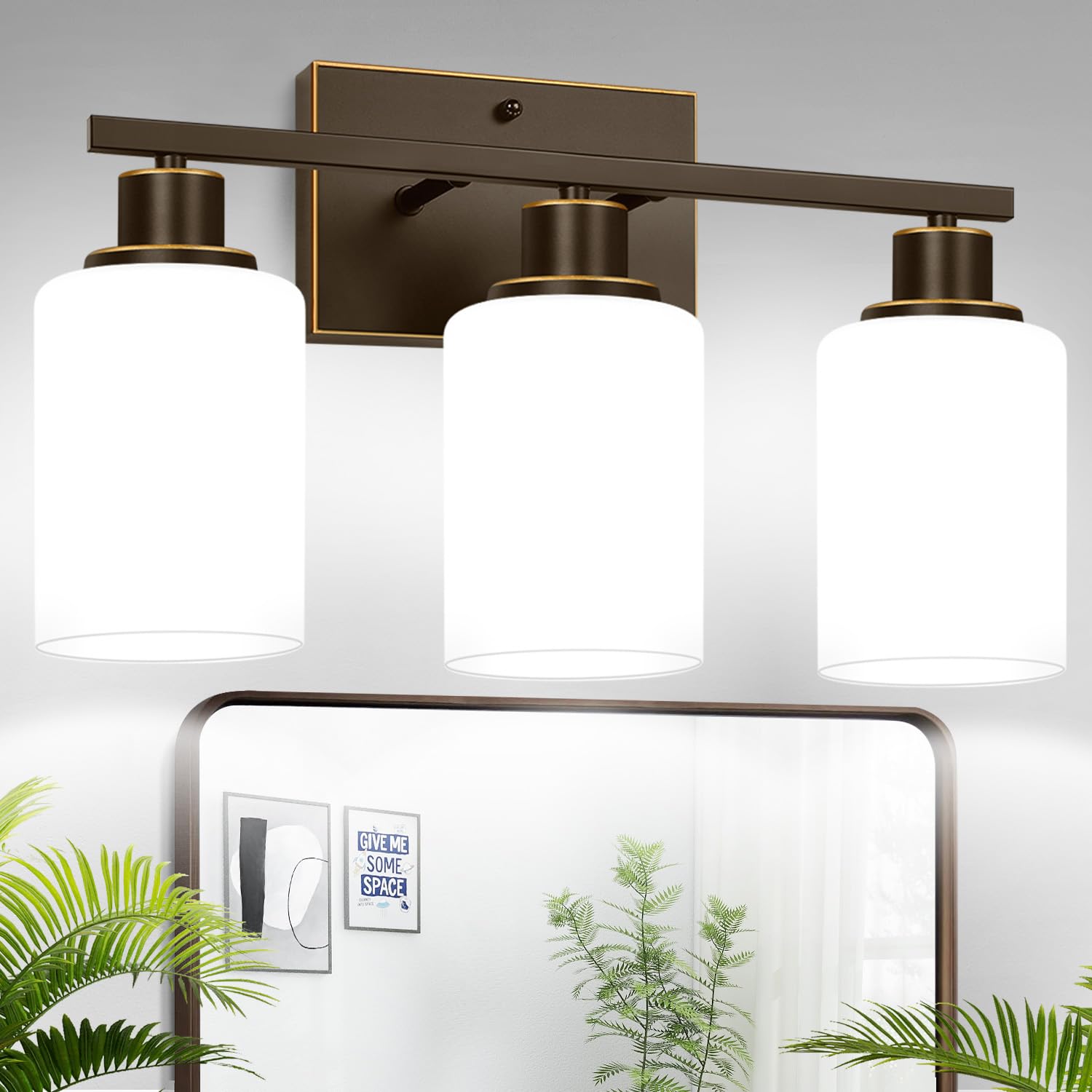 Photo 1 of 3-Light Bathroom Light Fixtures, Vanity Light with Milky White Shades, Oil-Rubbed Bronze Bathroom Light Fixtures Over Mirror, Modern Bathroom Wall Lamp for Mirror Living Room Cabinet Bedroom