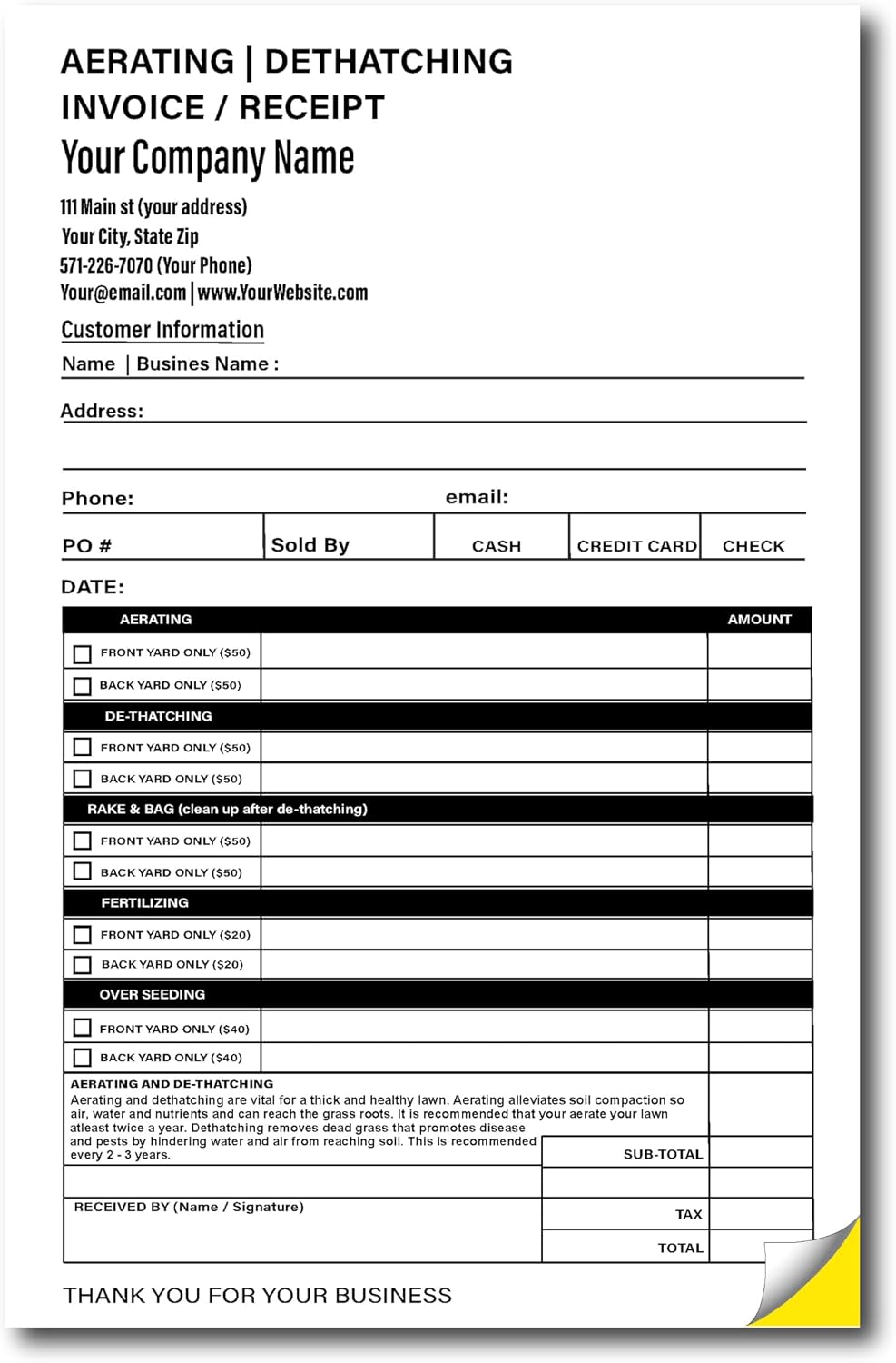 Aerating Invoice Form Custom Printed with Your Company Information - Personalized Dethatching Ticket - Invoice Receipt - Carbonless 2 Part NCR Form