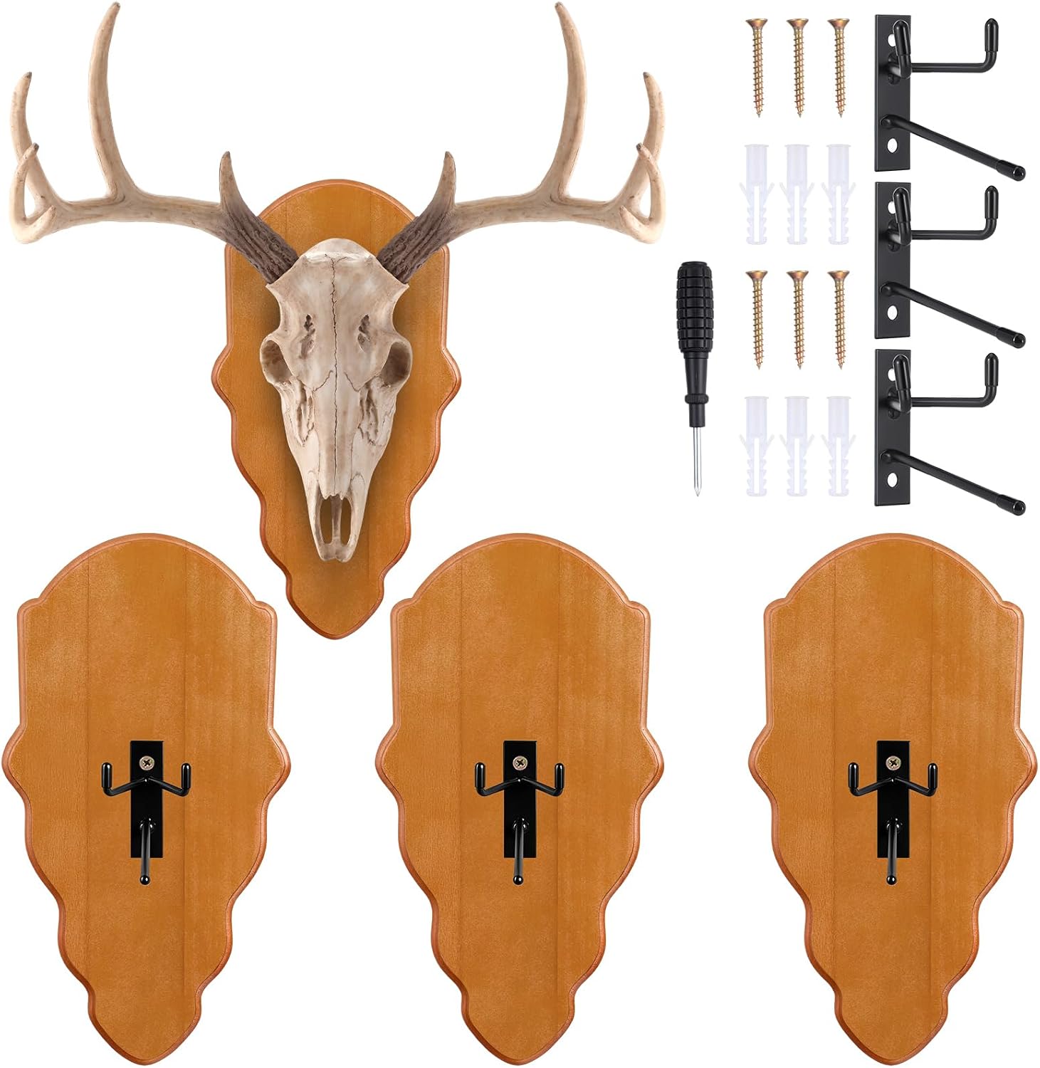 AceOrbit 3 Pcs Deer Skull Mount Plate Plaques Wood European Deer Head Mount Plaque European Mounting Skull Hanger Plate with Mounting Hardware(Natural Wood Color,14.17 x 7.48 x 0.59 Inches,Modern)