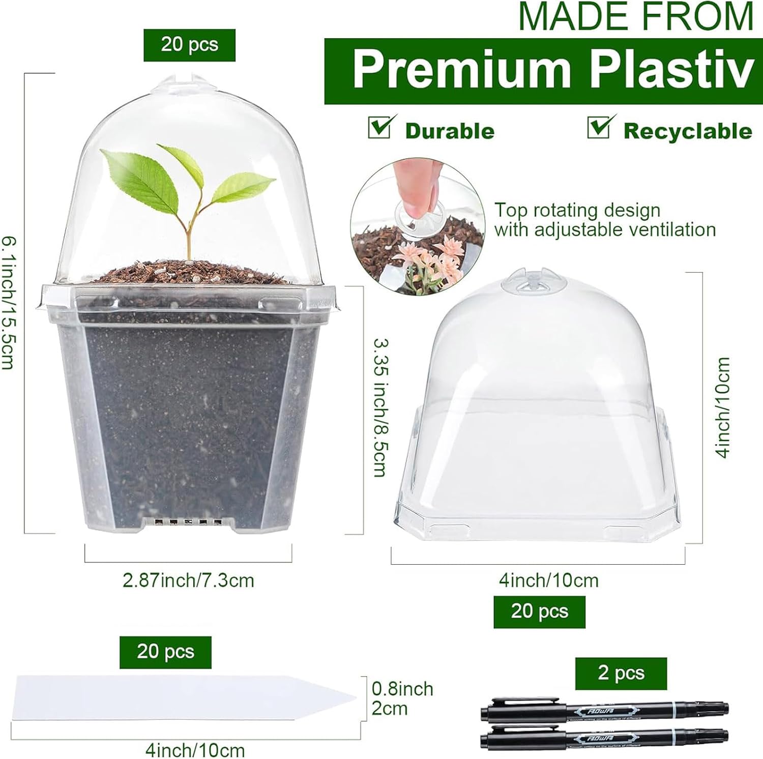 42 Pack 4 Inch Clear Plant Nursery Pot Sets with Humidity Dome and Drain Holes Include 20 Plastic Gardening Pot 20 Labels, 2 Marker Pen Seed Starting Container for Seedlings Vegetables Succulents