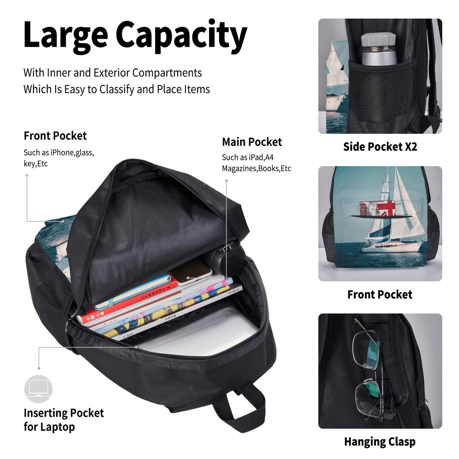 Juego de mochila 3 en 1 con estampado de paisaje de velero con bolsa de almuerzo y estuche, adecuado para trabajo, picnic, viajes, Negro -, Talla única