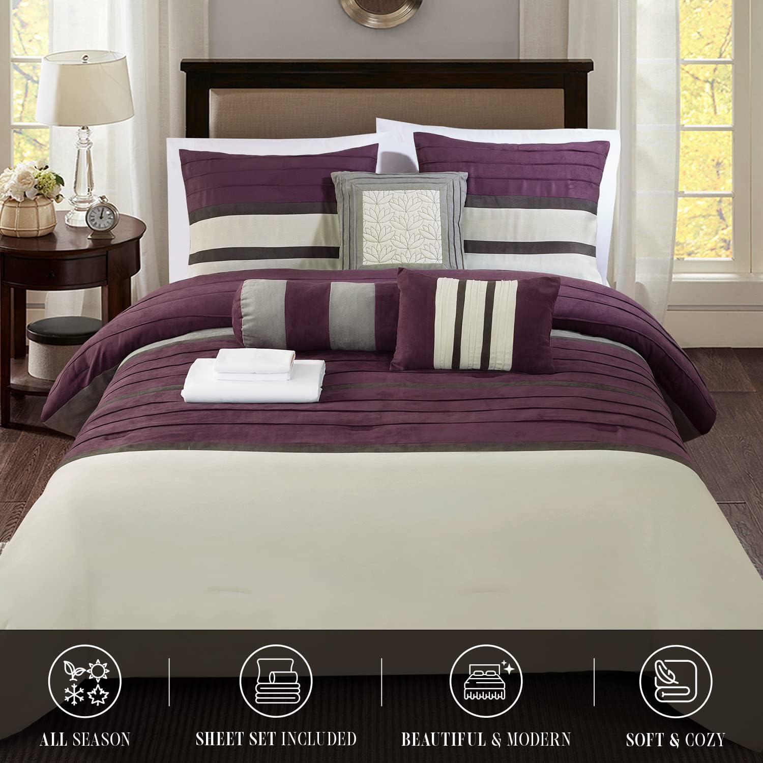 Elegant Comfort 12-Piece Bed-in-a-Bag, Cirena Microsuede Comforter Collection with 6-Piece Sheet Set, Smart Pockets and Decorative Pillows, All Season Bedding, 12PC Cirena, Queen, Purple