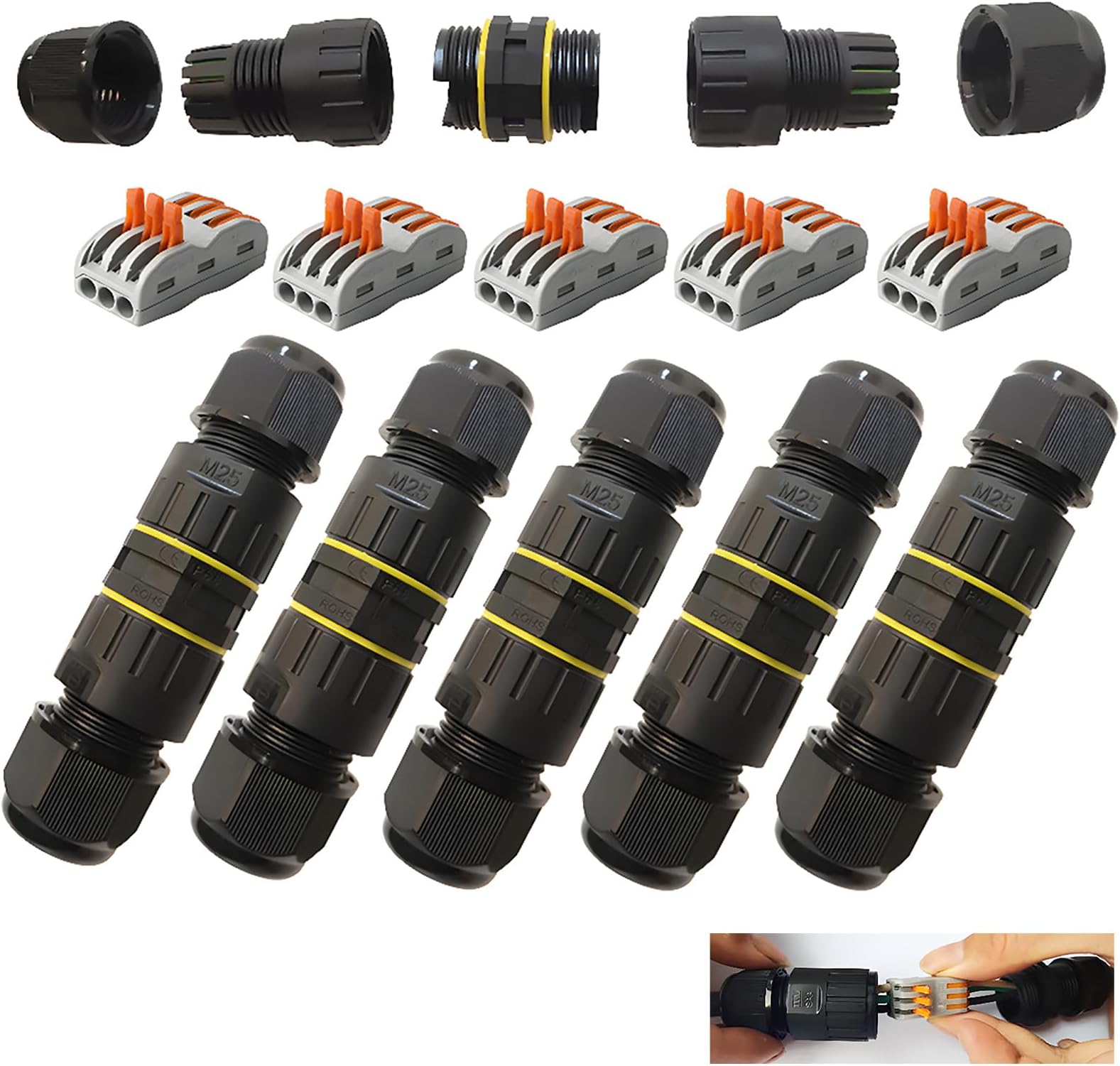 CESFONJER Junction Box Outdoor Waterproof IP68 3 - Way Line M25 Cable Connector Wire Range 5-10mm Power Cord External Sleeve Coupler Protection Box (5 PCS)