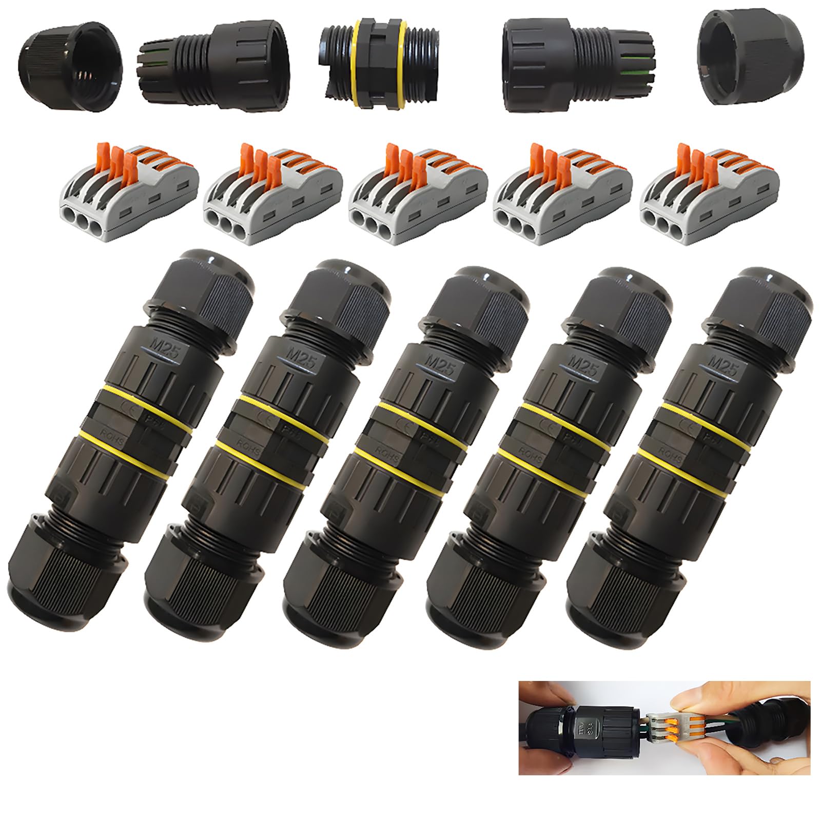 CESFONJER Junction Box Outdoor Waterproof IP68 3 - Way Line M25 Cable Connector Wire Range 5-10mm Power Cord External Sleeve Coupler Protection Box (5 PCS)