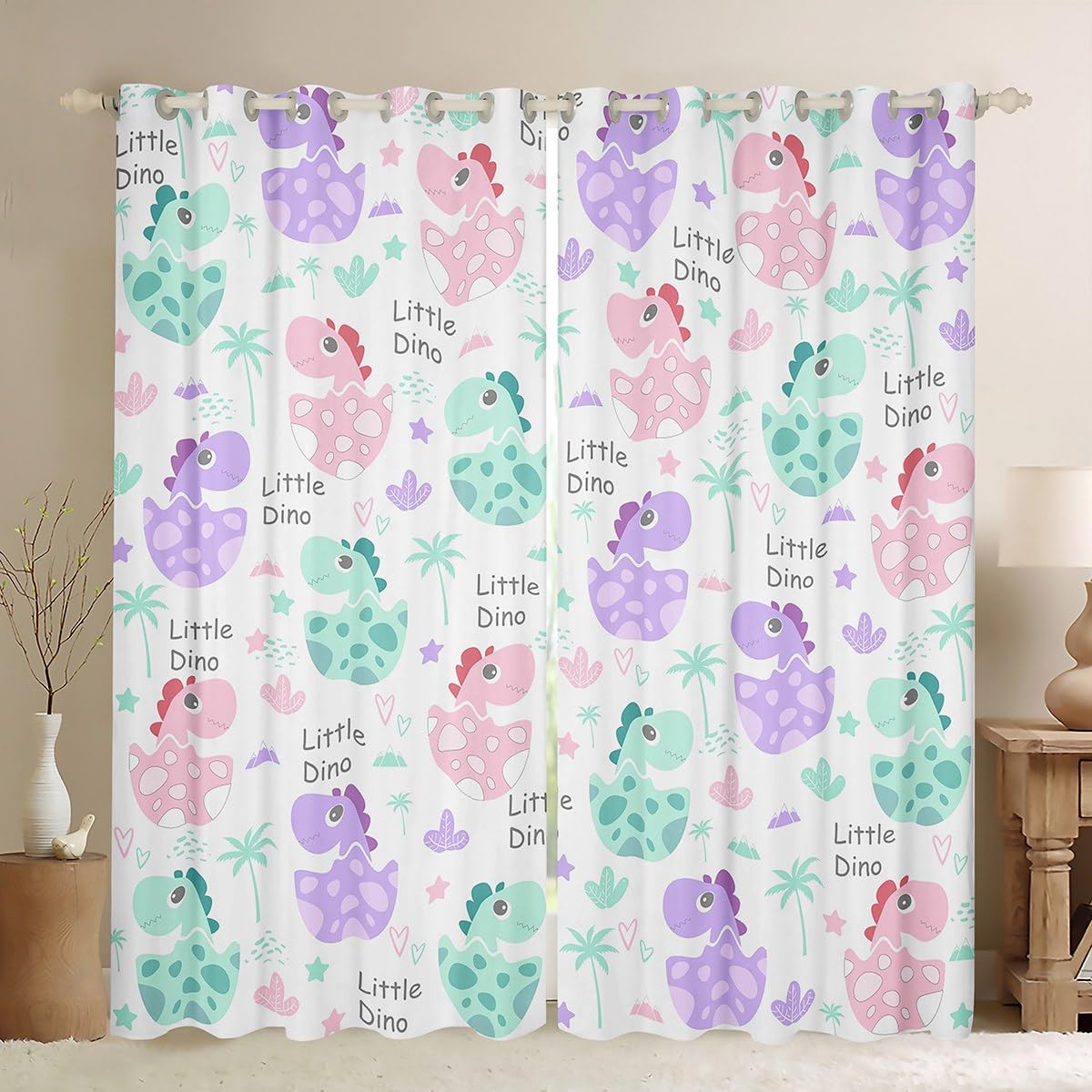 Homemissing Pink Dino Window Curtains Dino Darkening Dreapes Little Dino Blackout Curtains Jungle Dino Window Treatments Wildlife Curtains (2 Panels,W46*L72)
