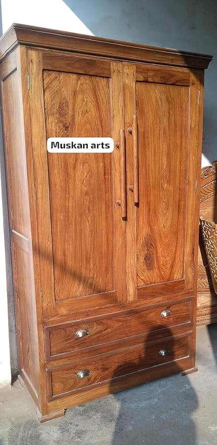 MUSKAN ARTS Sheesham Wood Almirah for Bedroom| 2 Door & 2 Drawer Storage Antique Design Wardrobe (120?40?180 CM) Brown Finish