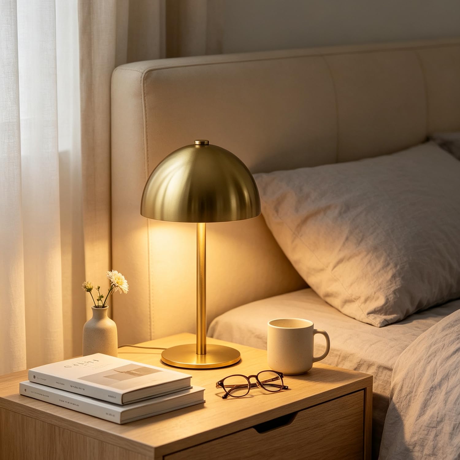 Lampada da tavolo a LED a forma di fungo in metallo senza fili dimmerabile con comando touch color oro ricaricabile tramite USB batteria da 1800mAh lampada da comodino senza cavi luce notturna,D'oro