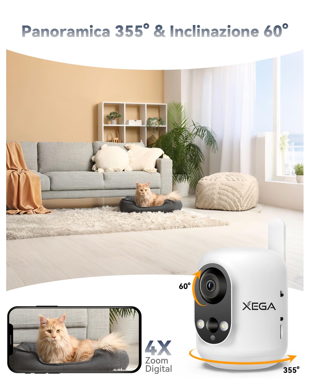 Xega 4G Telecamera Interno con SIM Senza Fili,2K 3MP Videocamera Senza WiFi | per Neonati/Animali Domestici/Anziano,355°P/60°T,Batteria 6000mAh,Rilevamento PIR, TF/Cloud,Non Resistente all'Acqua