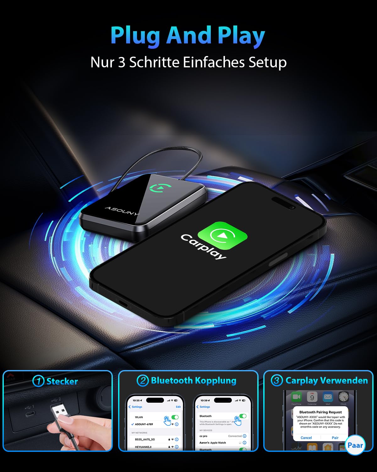 ASOUNY Adattatore CarPlay Wireless 2025 Trasforma CarPlay cablato in CarPlay senza fili, Plug & Play, Adatta per auto dal 2016 e iPhone 6+ (iOS 10+) (Grigio)