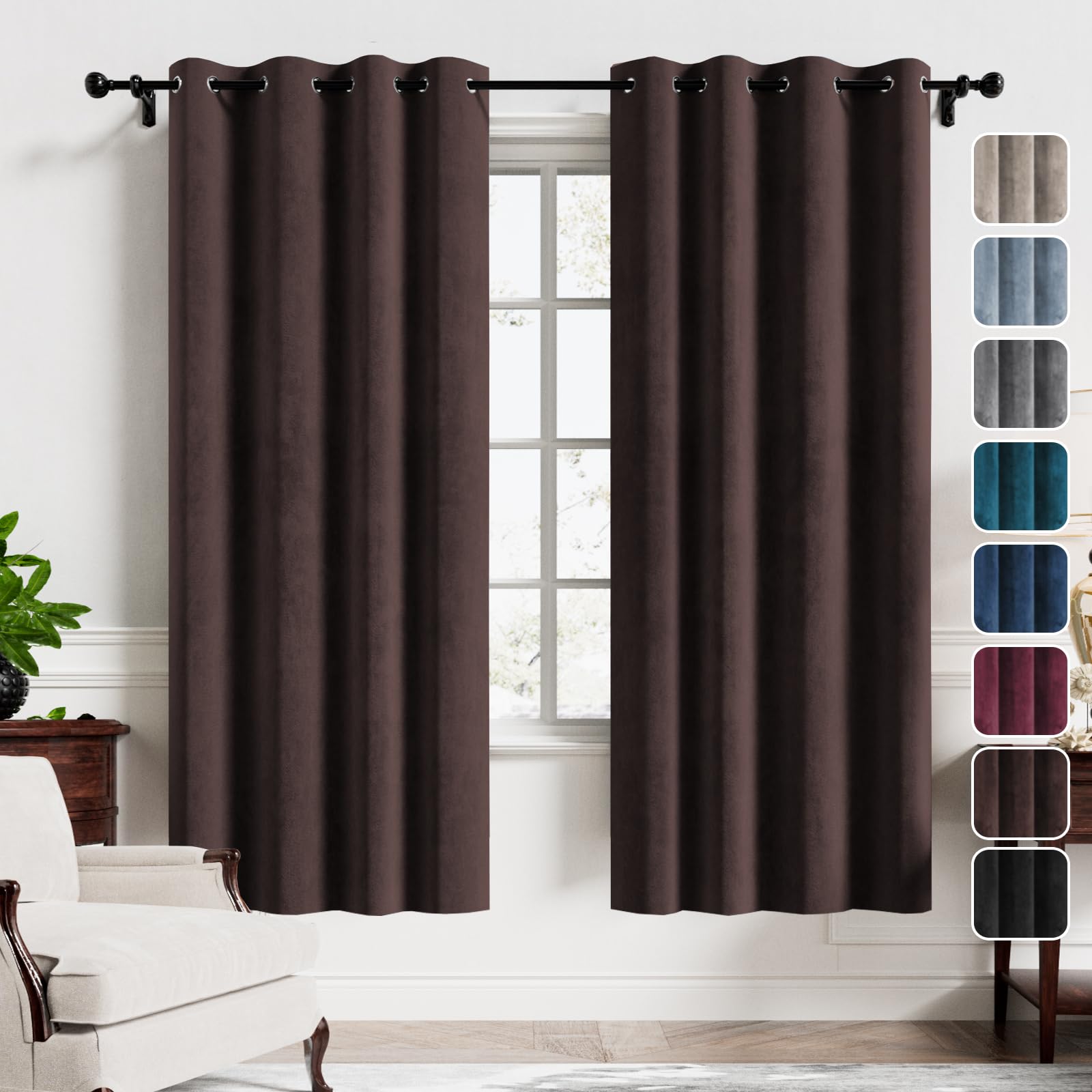 H.VERSAILTEX Velvet Curtains with Grommet Thermal Insulated Noise Reducing Curtains for Bedroom Light Blocking Super Soft Velvet Curtain for Living Room, 2 Panels, Each 52 x 72 inches Long, Brown