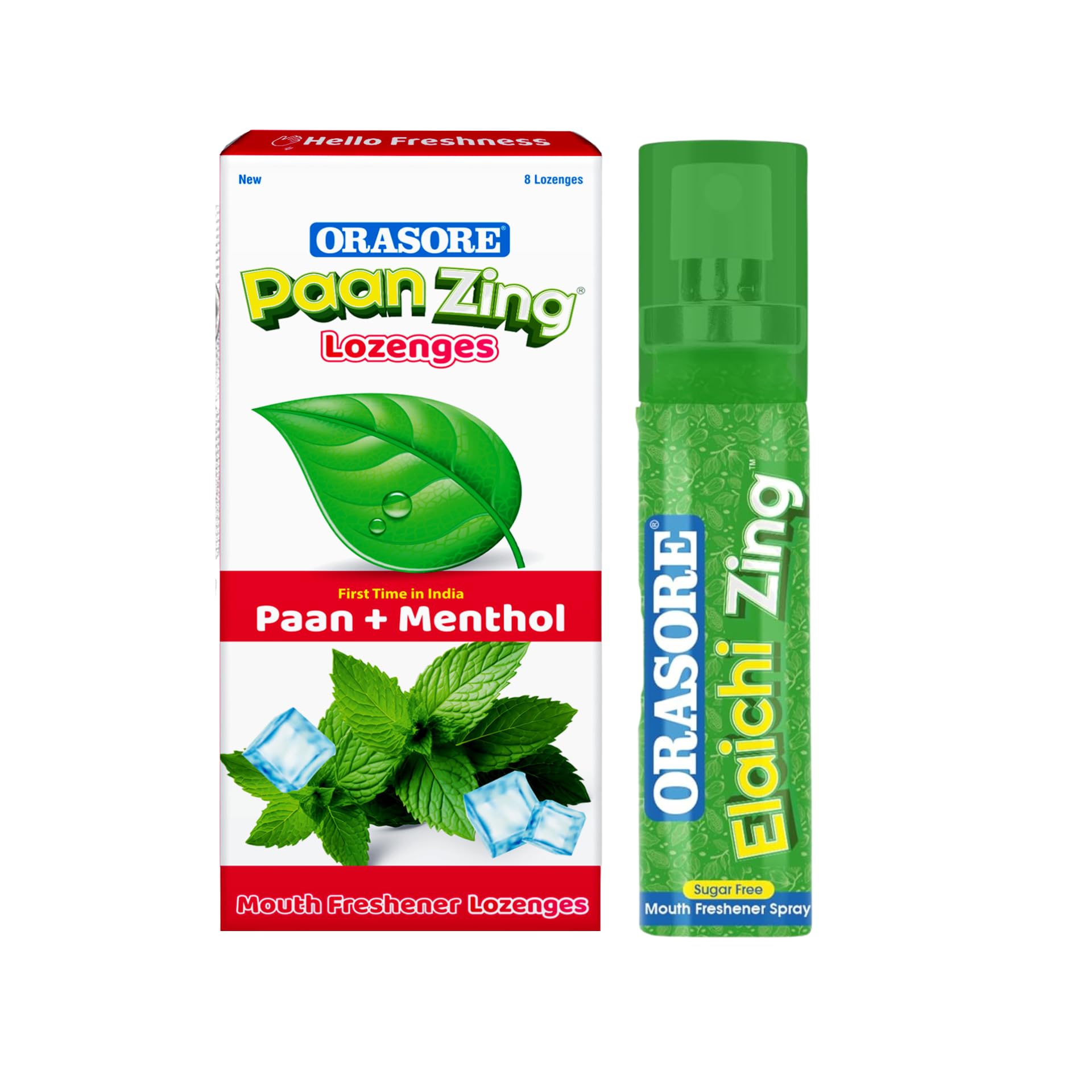 ORASORE Paan Zing 8 Lozenges (Paan + Menthol) with Elaichi Zing Spray 15g | Sugar Free Mouth Freshener Combo | Travel Friendly Pack