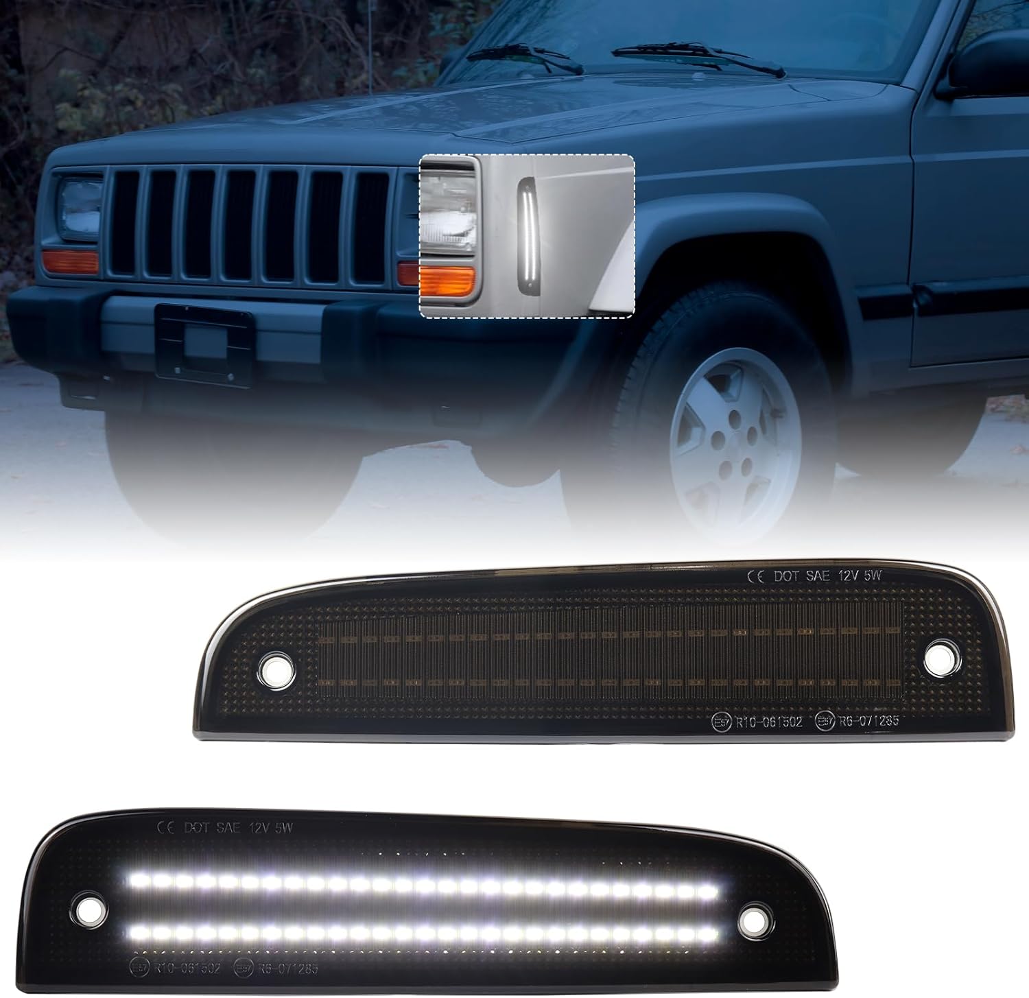 Amber LED Front Side Marker Lights for Jeep Cherokee XJ Chassis 1997-2001, Bumper Corner Parking Signal Accessories, Smoked Black Lens Amber Lighting