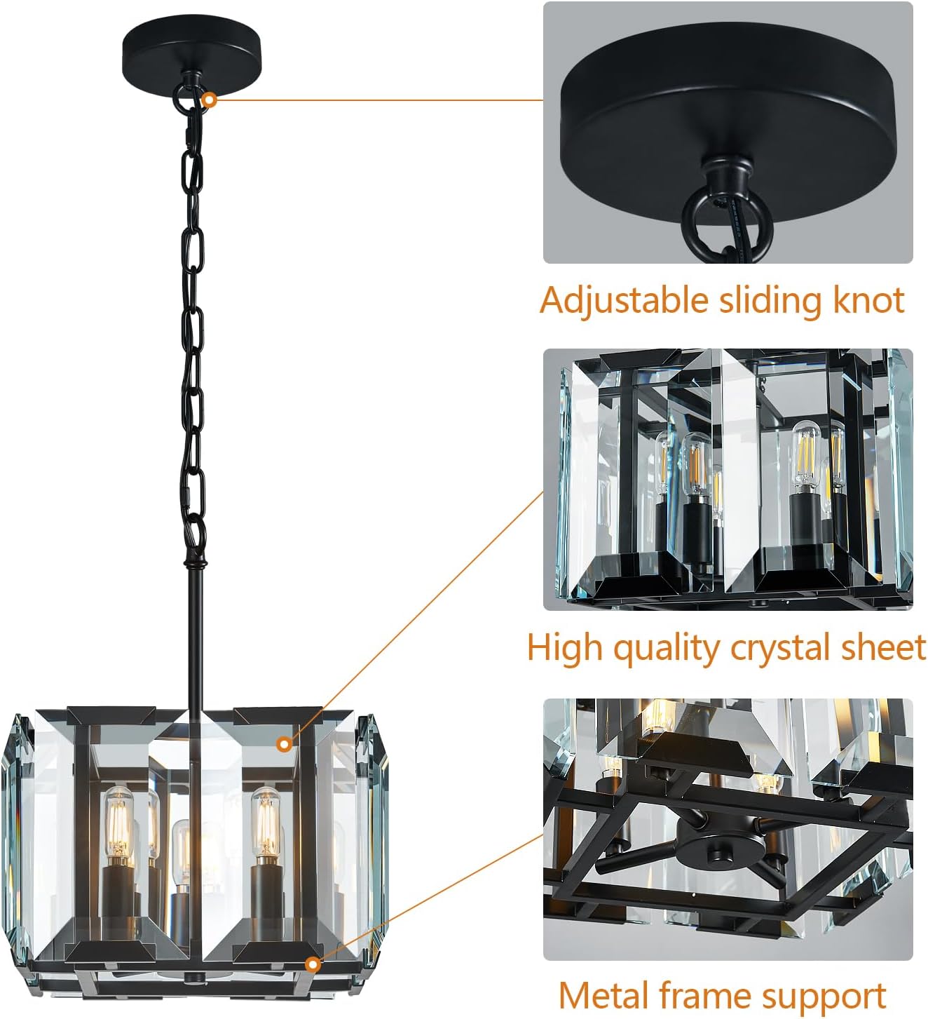Black Modern Crystal Chandeliers Rectangle Farmhouse Pendant Light Semi Flush Mount Ceiling Light Fixture for Bedroom Dining Room Kitchen Island Living Room Foyer Hallway(4-Light)
