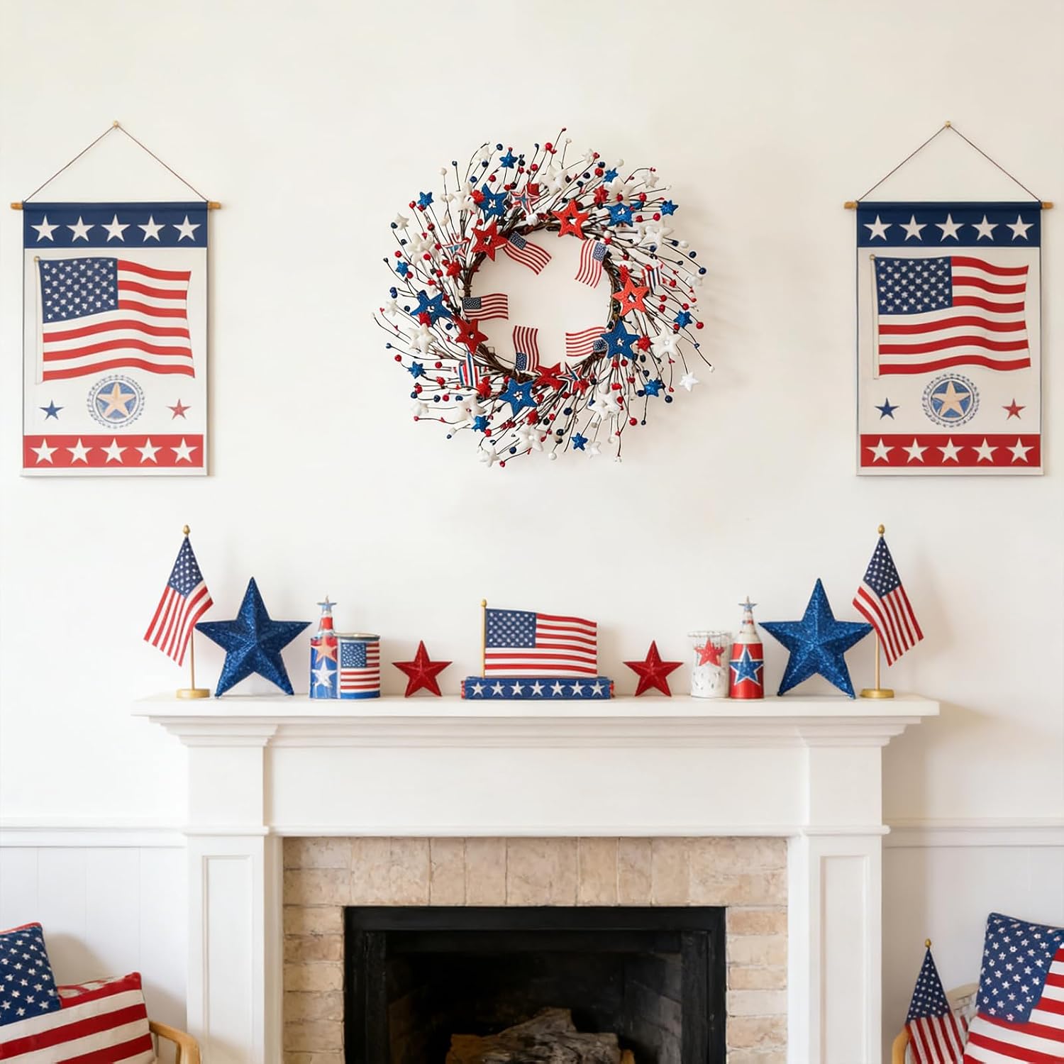 TEMPUS 22 Inch Patriotic Wreath for Front Door, 4th of July Memorial Day Wreath with Glitter Stars American Flags and Red White Blue Berries for Farmhouse Summer Decor
