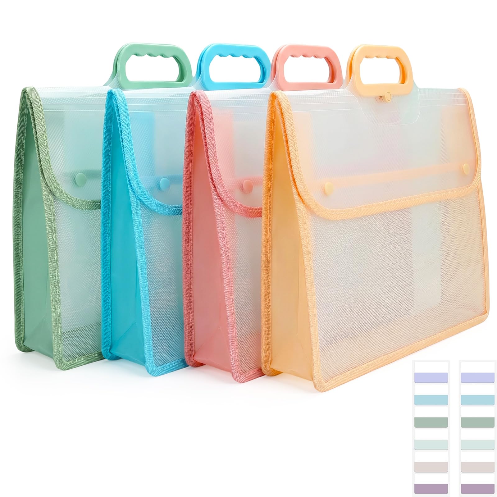 A4 Plastic Folders, 4 Pack Waterproof Document Folder, Portable Expanding File Folders with Snap Closure, Thick PP Material for School Office Home Tax Bills Storage with Handle and 60 Index Tabs