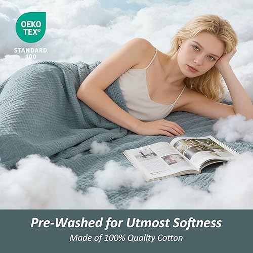 Miniatura 3 de EMME Manta Decorativa Grande de Muselina de Algodón para Sofá, Gasa Transpirable Suave y Ligera, Mantas de Cama para Adultos (Verde Azulado 31 -