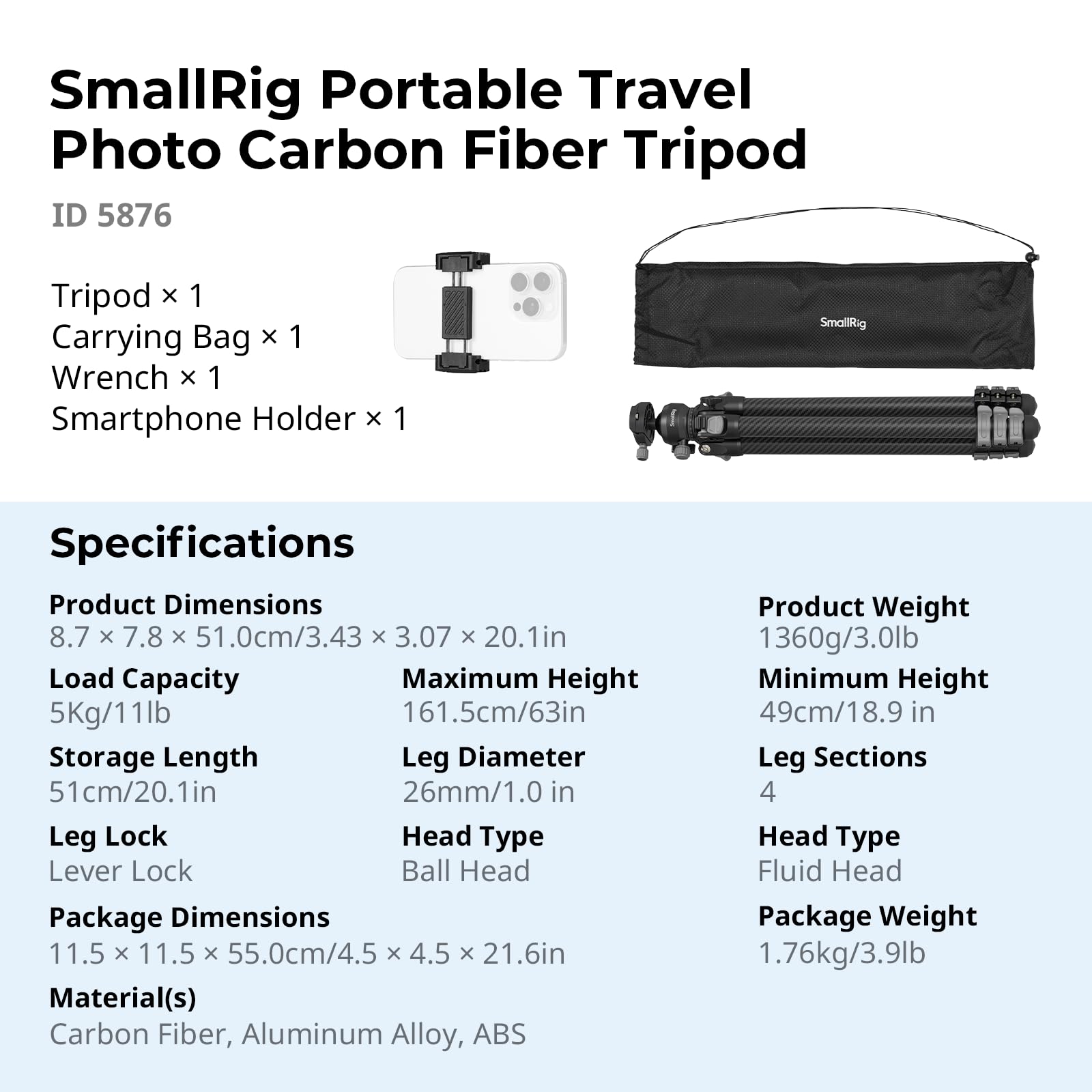 SMALLRIG Trípode portátil de Viaje para fotografía, trípode Compacto de Fibra de Carbono, soporta hasta 5 kg, rótula Suave con Disparo Vertical de 90°, Columna Central Reversible de 180° - 5876