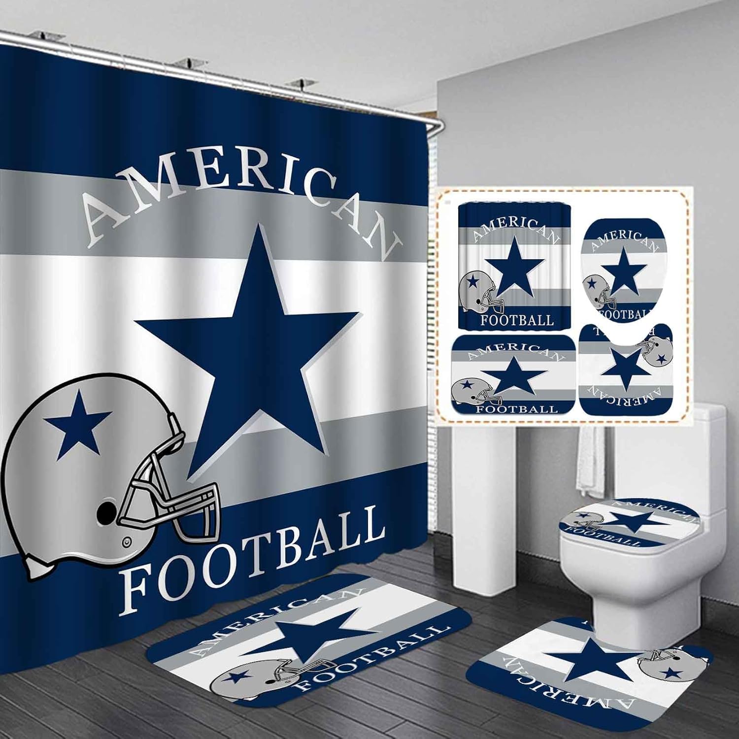Namdeva 4PCS/Set American Football Shower Curtain, Grey White Navy Blue Striped Texas Star Championship Player Athlete Modern Cool Sports Bathroom Decor for Men, Non-slip Bath Rugs Toilet Mats, Helmet