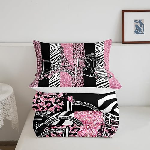 Miniatura 5 de Juego de edredón para niños de la Torre Eiffel, tamaño matrimonial, juego de ropa de cama con textura de piel de cebra y leopardo con purpurina,