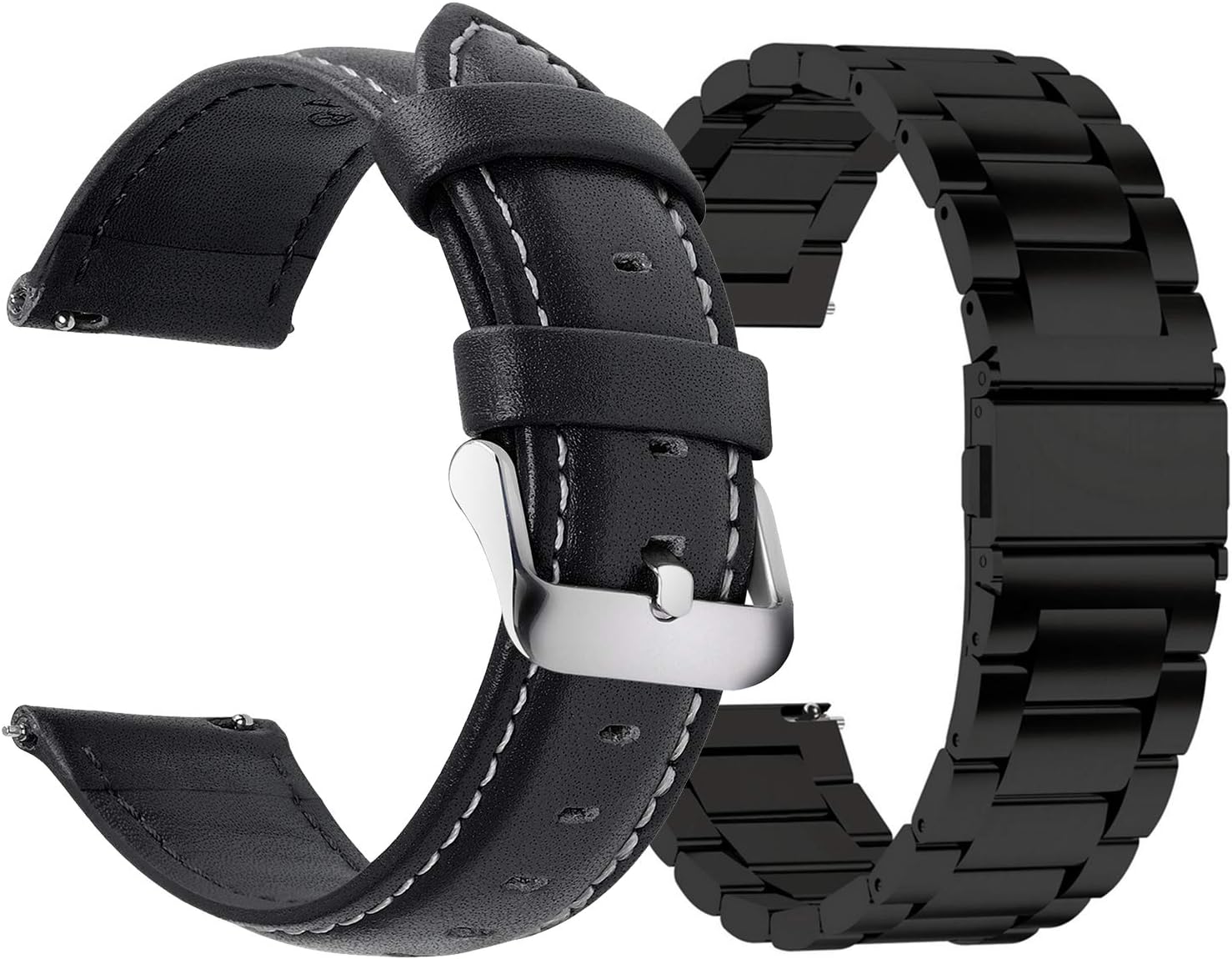 Fullmosa Quick Release Leather Watch Band 20mm Black & Quick Release Stainless Steel Watch Band 20mm Black
