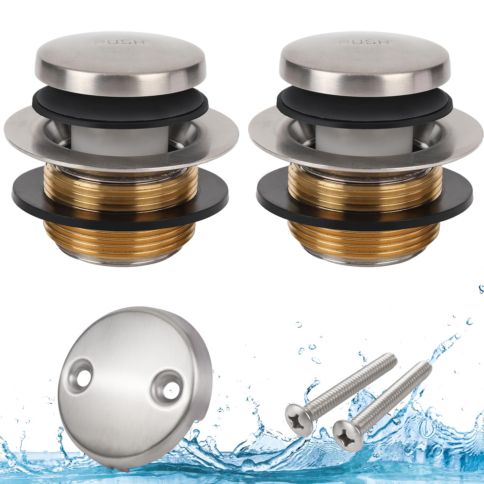 Badewannen-Ablaufgarnitur aus gebürstetem Nickel, 2 Packungen, Umbausatz mit Zwei-Loch-Überlaufblenden, Minupwell Tip-Toe-Ersatz-Badewannen-Ablaufgarnitur mit universeller Fein-/Grobgewindemontage