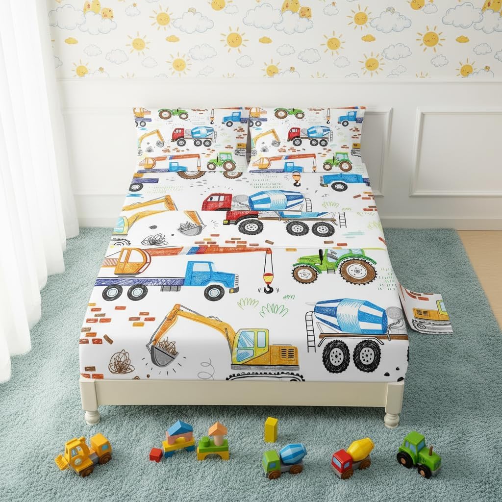 QOOMO Engineering Vehicles Kids Sheet Set Queen Size,Cartoon Print Bedding Set Lightweight All Seasons for Room Decoration,1 Fitted Sheet,1 Flat Sheet,2 Pillow Cases