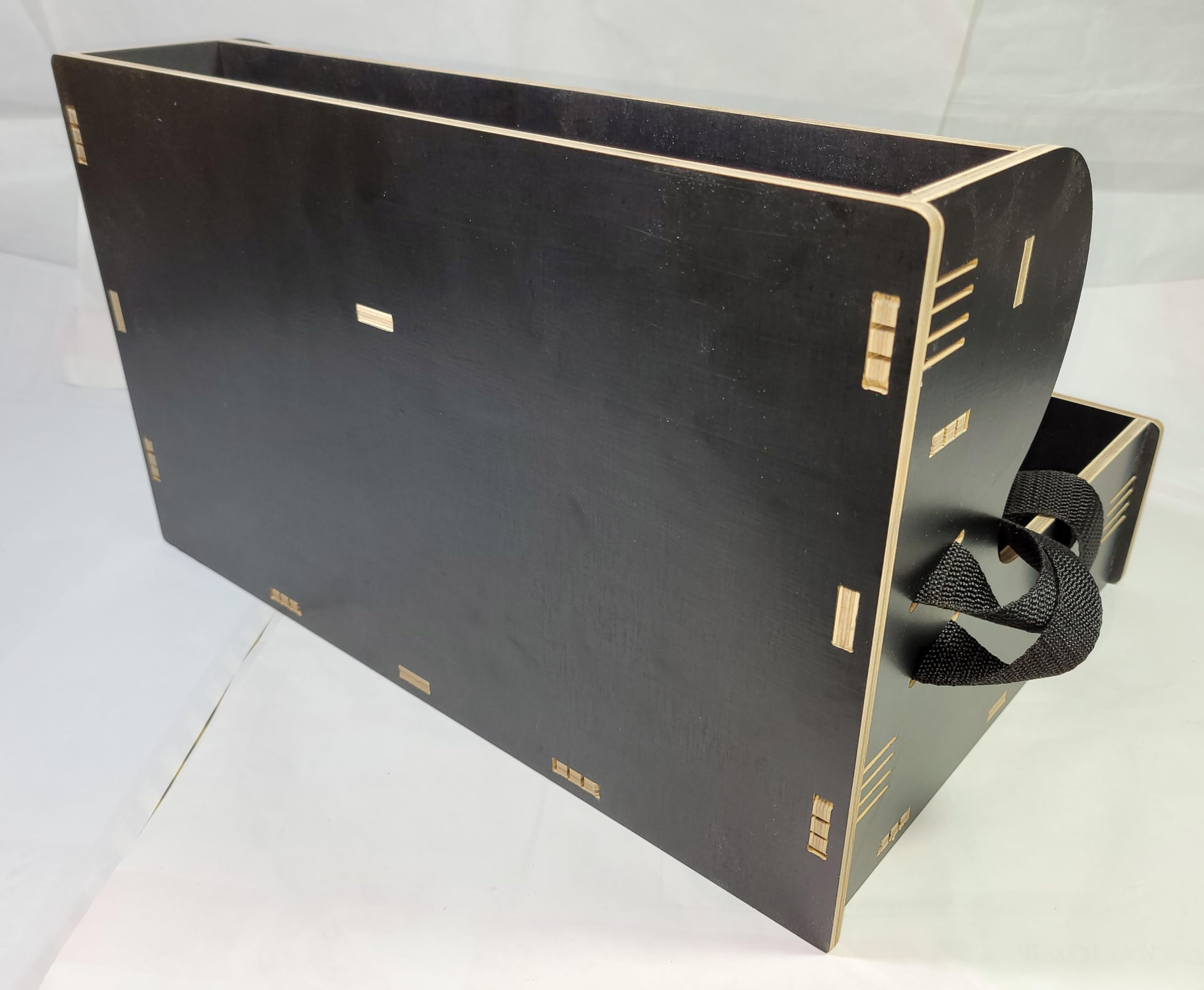 Nostalgie Holz Bauchladen schwarz/dunkelbraun mit Oberlade 2 Gurte JGA Fete Catering 42 cm x 30 cm mit schwarzen Tragegurten