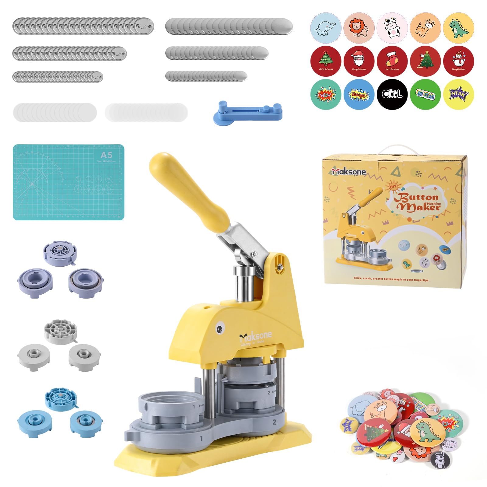 Button Maker Machine Multiple Sizes 1+1.25+2.25 Inch Pin Badge Maker Installation-Free Badge Punch Press Kit with 300 Sets Button Making Supplies & Circle Cutter & Picture Paper Children DIY Gifts