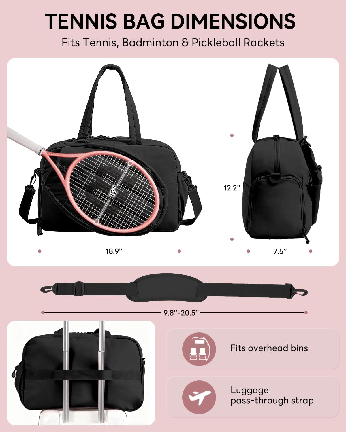 Tennis Tote Bag for Women – Waterproof Lightweight Travel Gym Bag with Shoulder Strap, Holds 2 Rackets, Pickleball & Badminton Bag with Shoe Compartment, Wet/Dry Separation, Fits 15.6" Laptop - Image 5