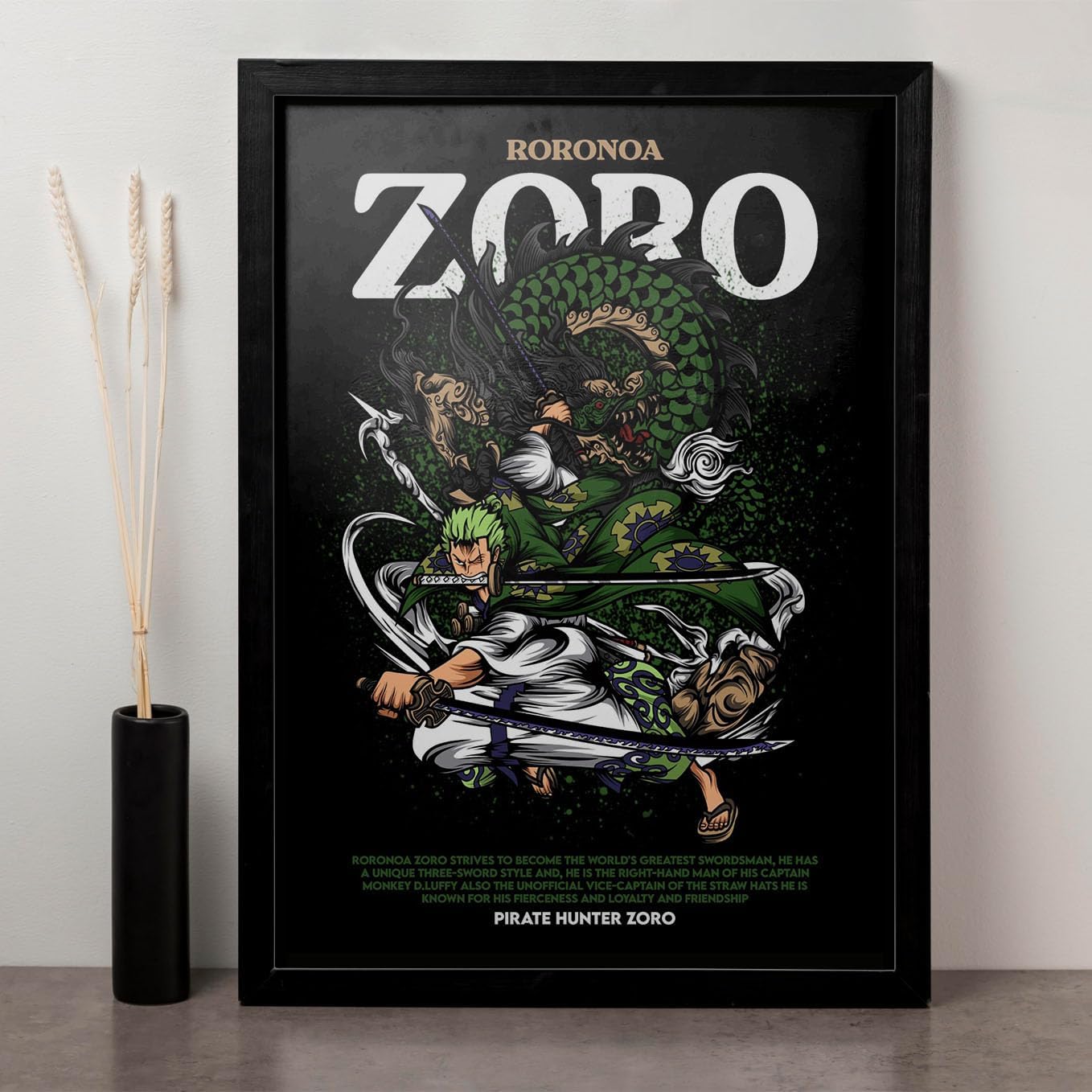 SoulAbiti One Piece Pirate Hunter Roronoa Zoro poster art framed (12x18 inches, Black Textured frame With glass) Vice captain Swordsman for straw hat pirates frame for anime fan