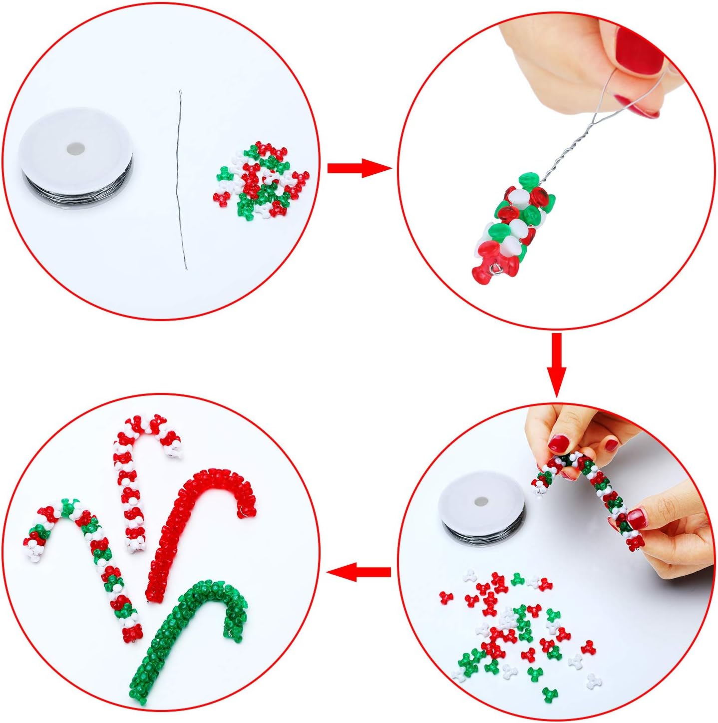 Christmas Tri Beads, Holiday Beaded Ornaments Candy Cane Ornament Craft Kit, Including 0.38 Inch Plastic Tri Beads and Beading Wirefor Christmas Tree Decoration(1600)