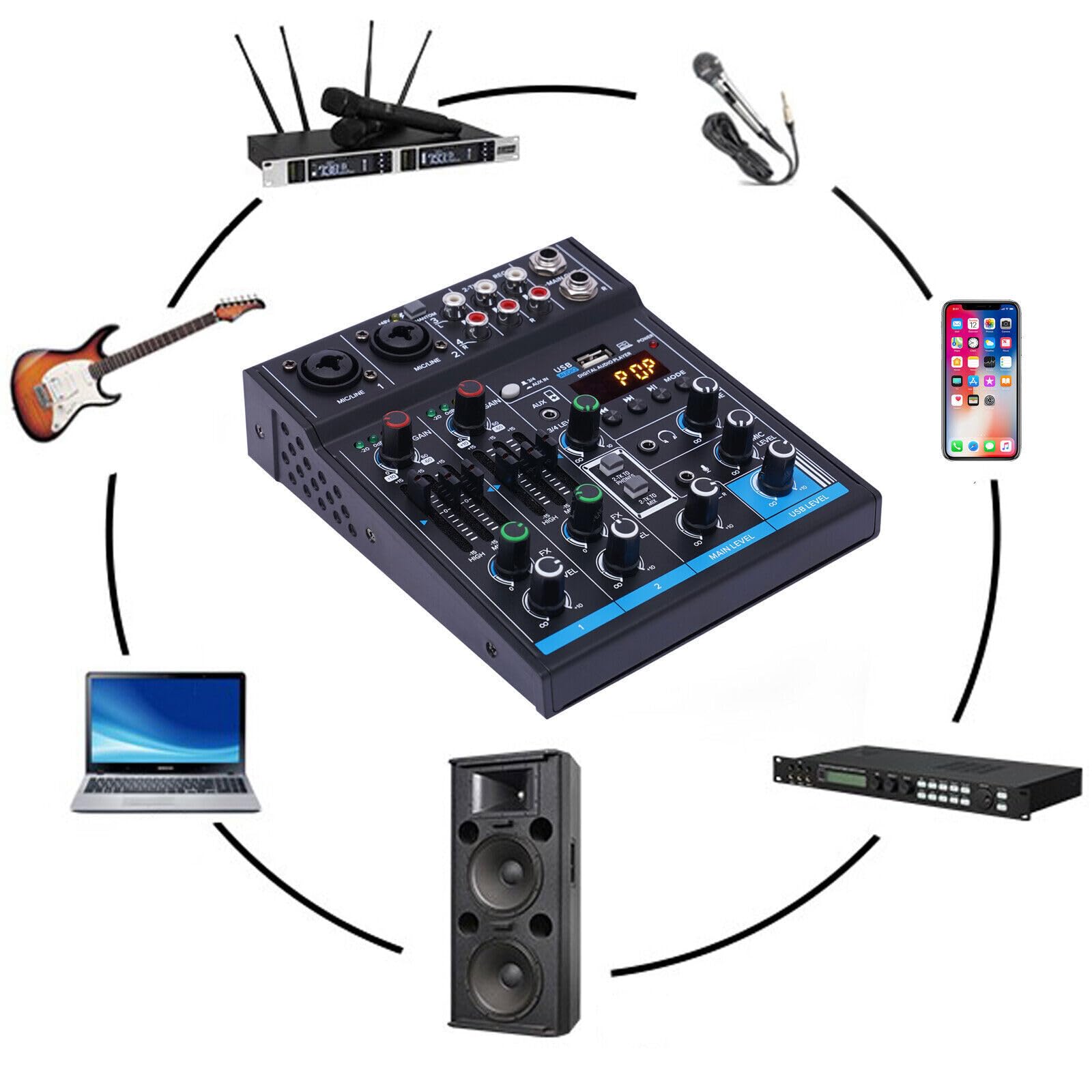 Mixer audio a 4 canali, mixer Bluetooth USB Live Studio Audio Mixer Console DJ Soundboard, mixer audio professionale per registrazioni, streaming live