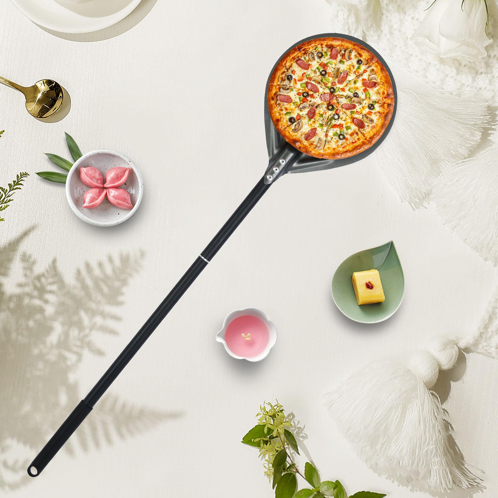 Espátula perforada para pizza de 6 pulgadas, mango largo, espátula de metal para pizza para interiores y exteriores (paquete de 6 pulgadas)