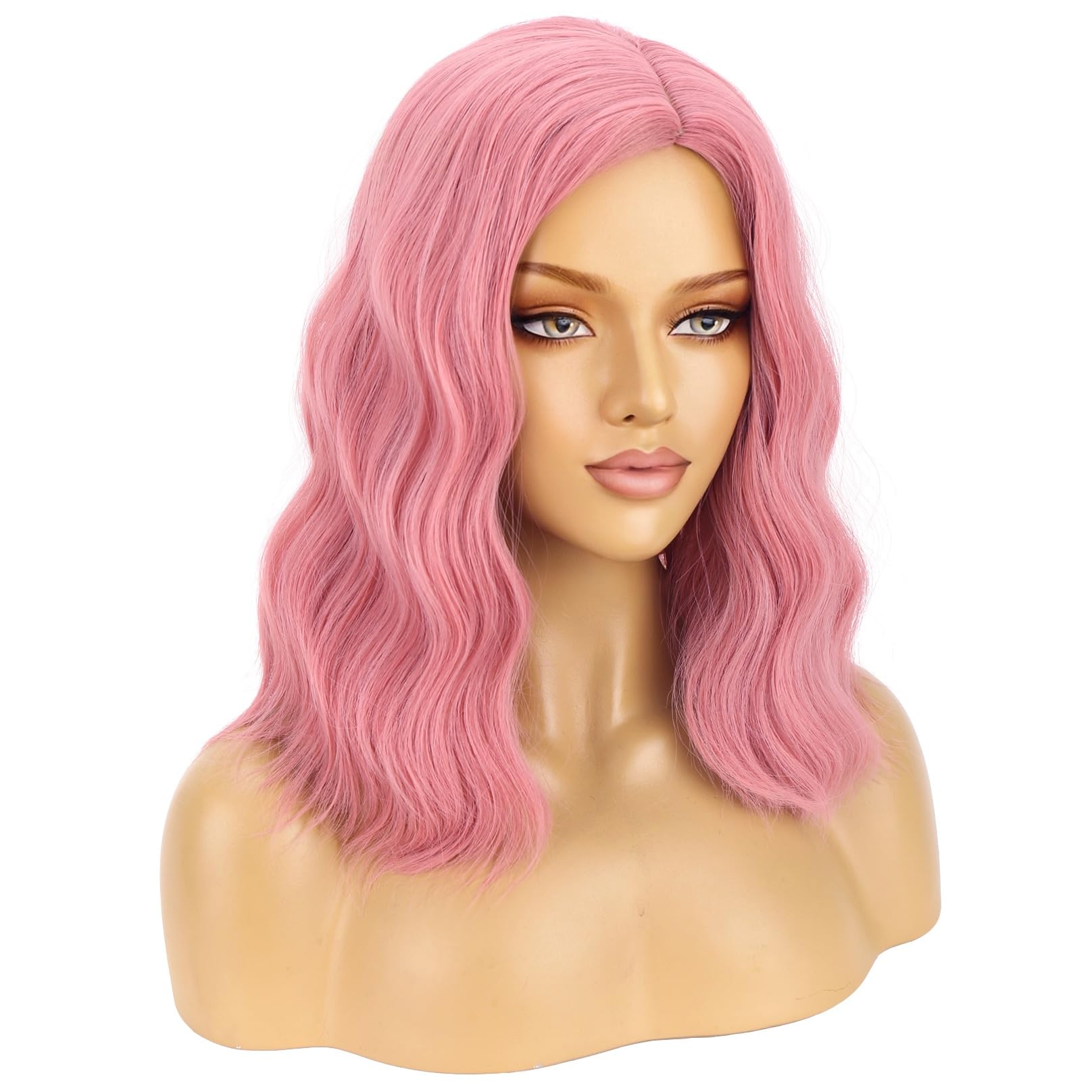 BERON 14" Pink Wigs for Women Girls Short Curly Wavy Wig Pastel Colored Shoulder Length Side Part Wave Halloween Cosplay Daily Party Wigs