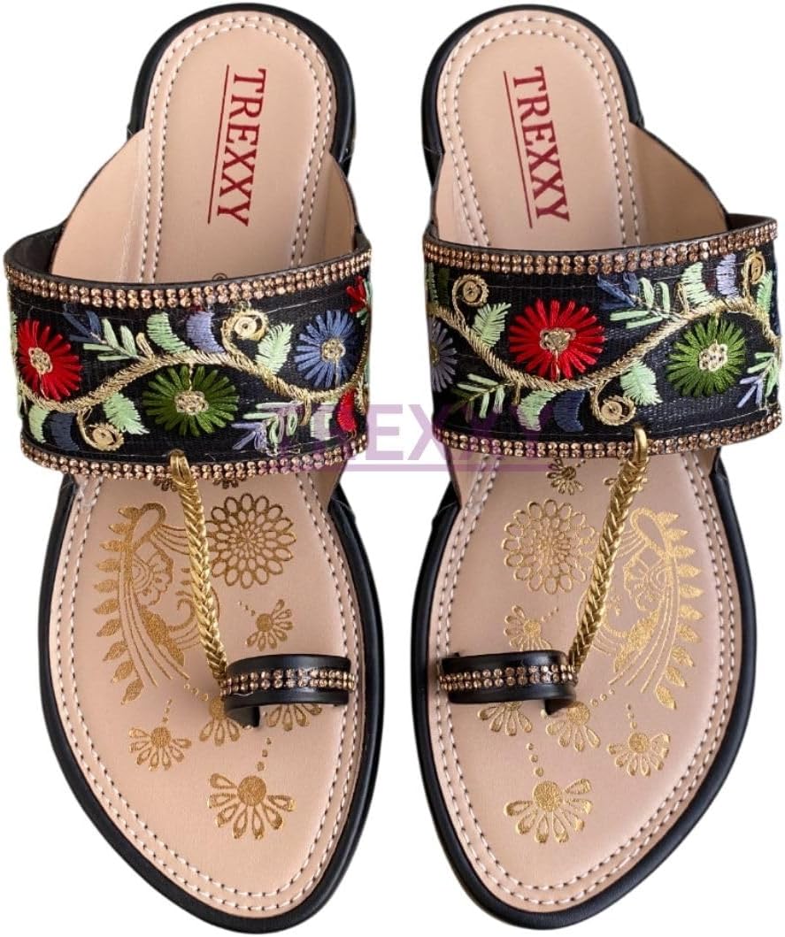Kolhapuri Embroidered Chappal for Women | Flat Fashion Sandals | Ethnic Slippers for Girls | Ethnic Flat Sandals | Toe-Ring Festive Slippers | Slip On Ethnic Flats Chappal