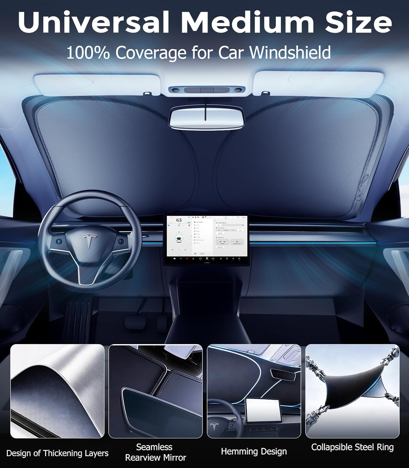 DMJN Front Windshield Sun Shade for Universal Medium Size, [Nano Ice-Crystal Coatings] UPF50+ Heat & UV Block, Protect Car Interior & Keep Cool, Flodable Steel-Ring Car Cover for Summer