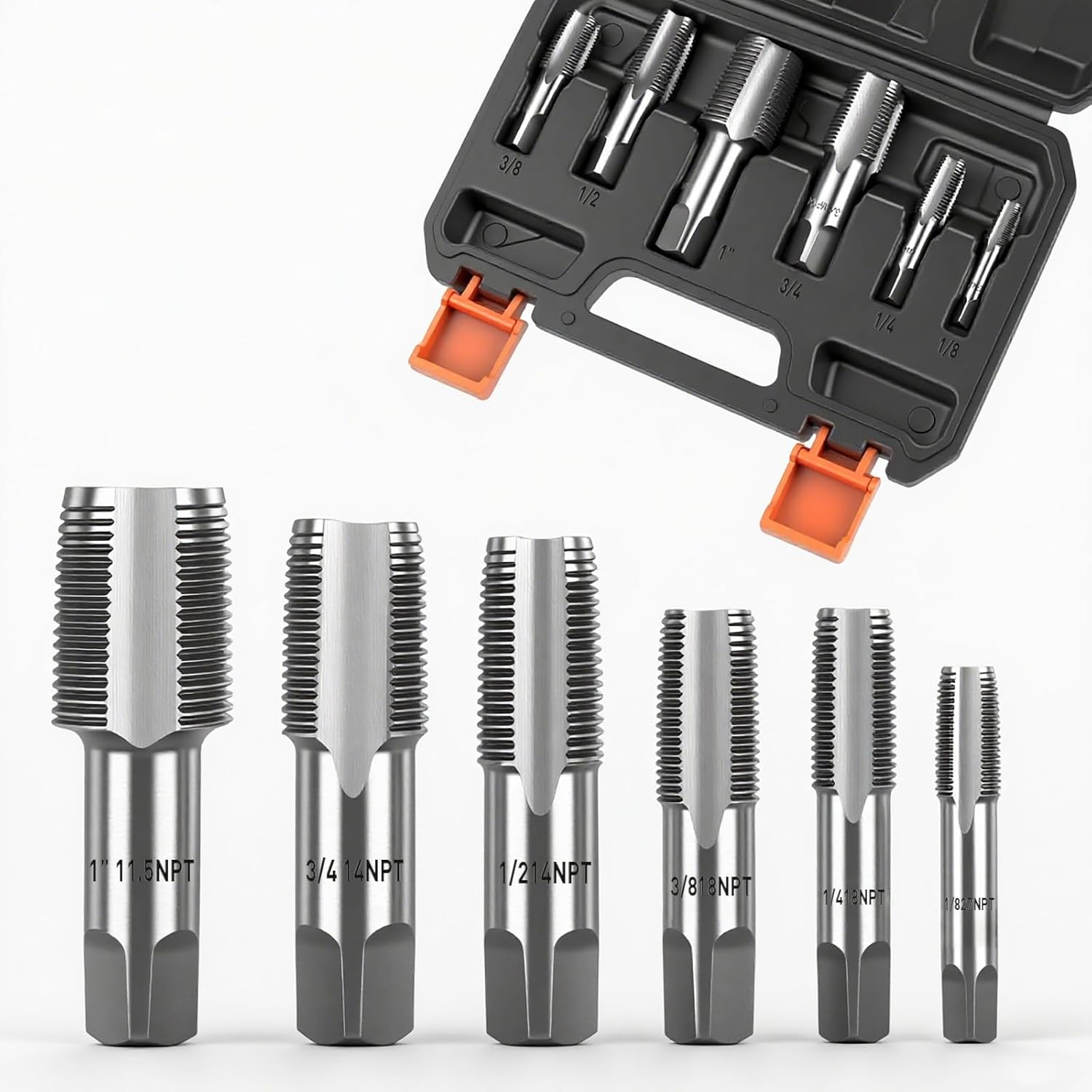 HORUSDY 6-Piece NPT Pipe Tap Set, Carbon Steel Threading Tool Kit for Pipe Taper Threads, Sizes 1/8", 1/4", 3/8", 1/2", 3/4" & 1", Durable Plumbing Tap Set with Storage Case