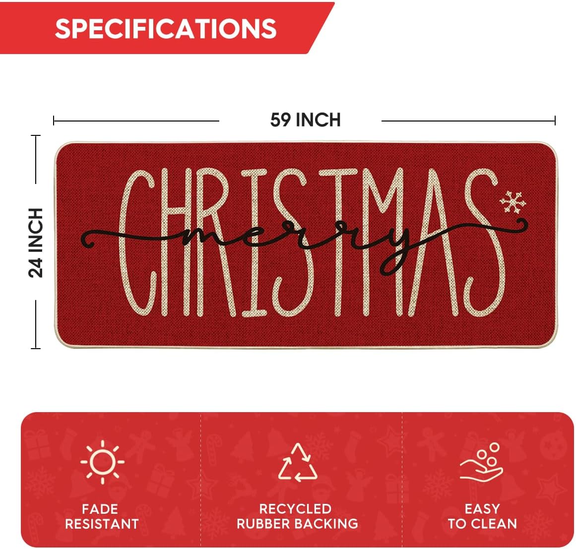 Artoid Mode Red Merry Christmas Snowflake Welcome Decorative Doormat, Seasonal Winter Low-Profile Floor Rug Switch Mat for Outdoor 24x59 Inch